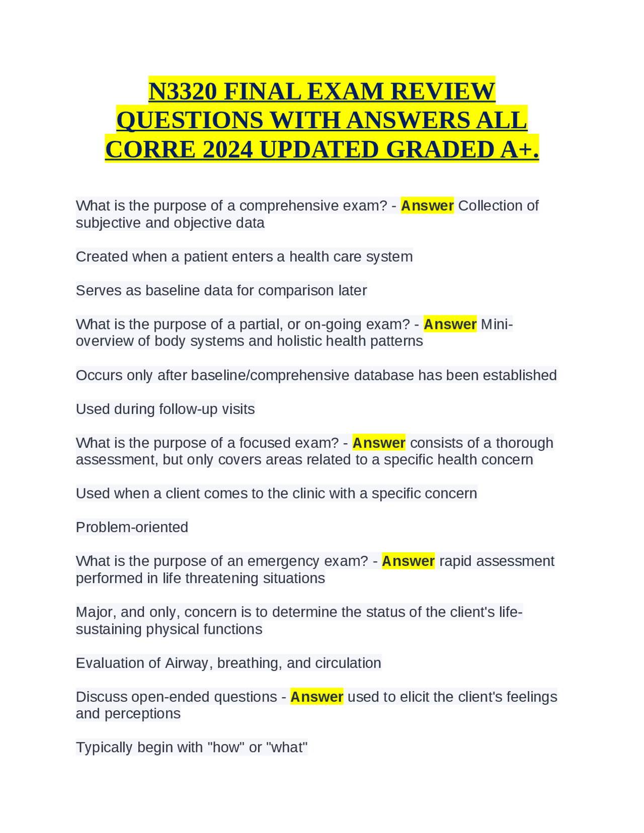 N3320 FINAL EXAM REVIEW QUESTIONS WITH ANSWERS ALL CORRE 2024 UPDATED ...