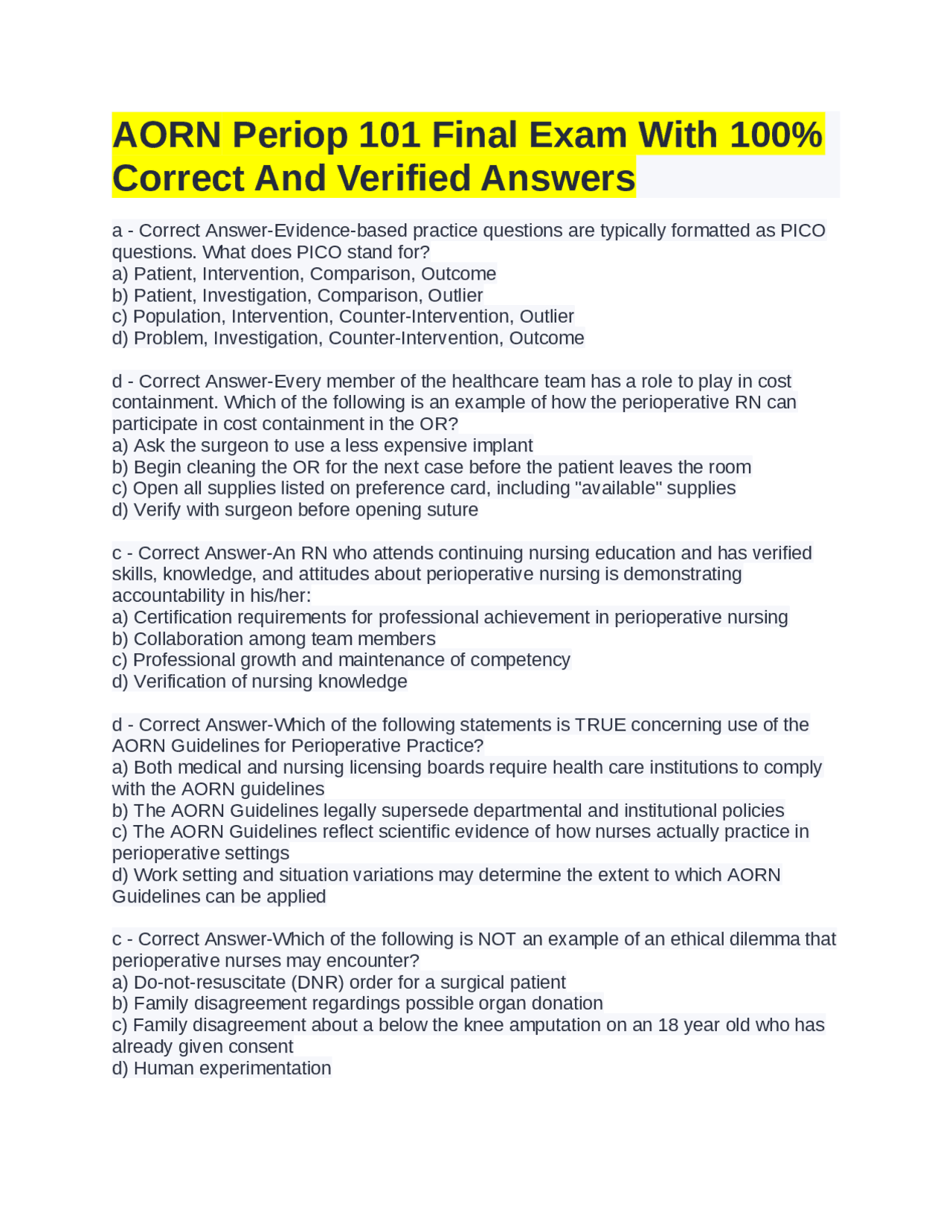 AORN Periop 101 Final Exam With 100% Correct And Verified Answers ...