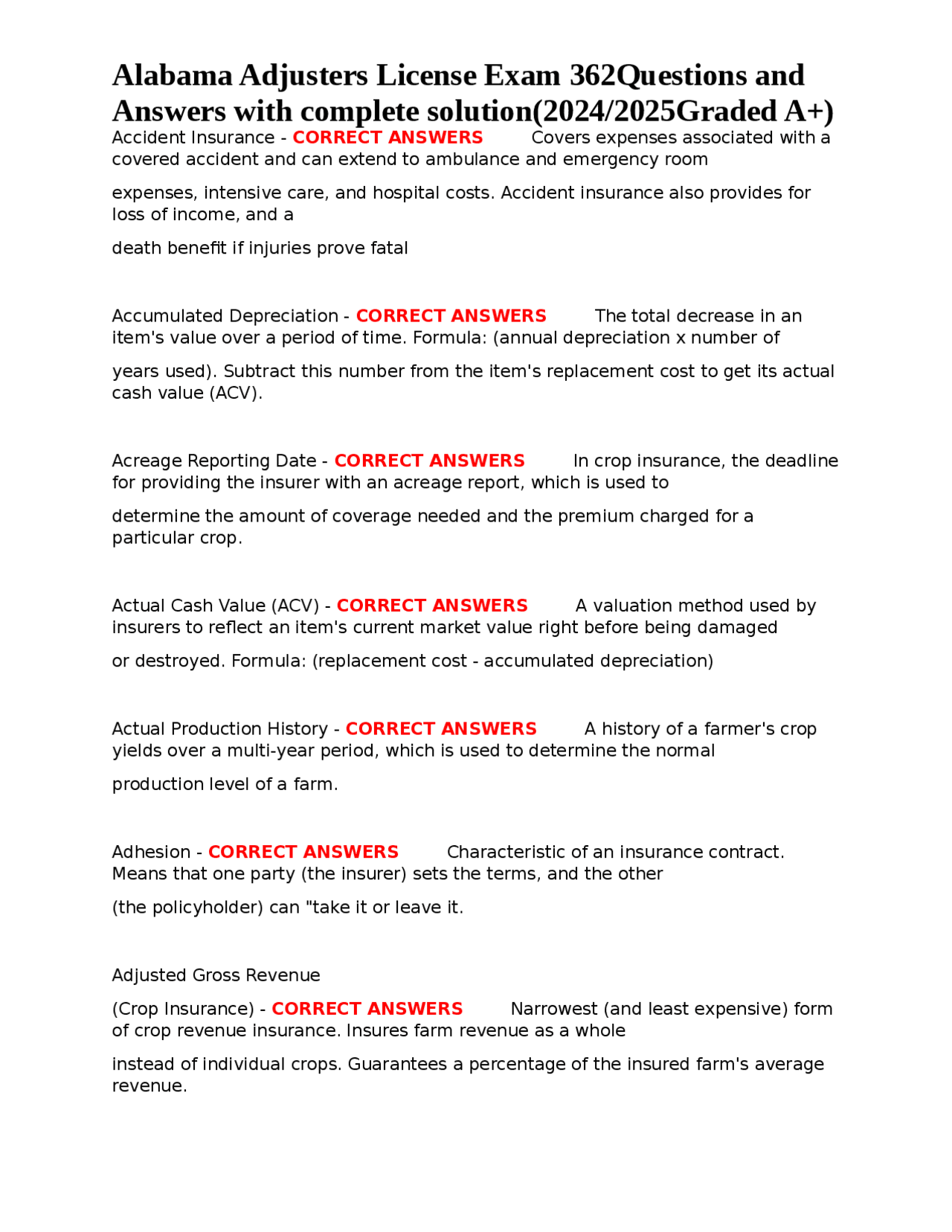 Alabama Adjusters License Exam 362Questions and Answers with complete