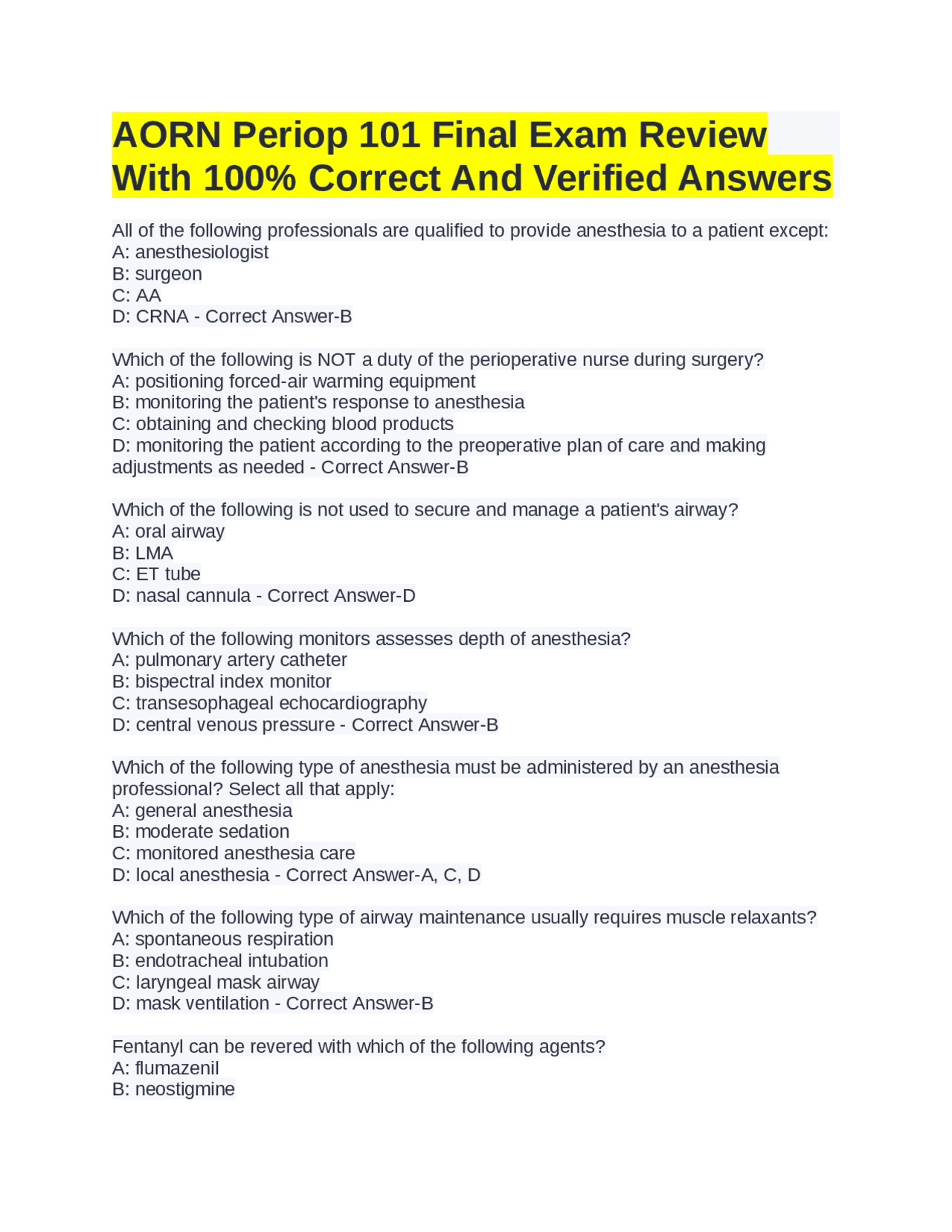 AORN Periop 101 Final Exam Review With 100 Correct And Verified