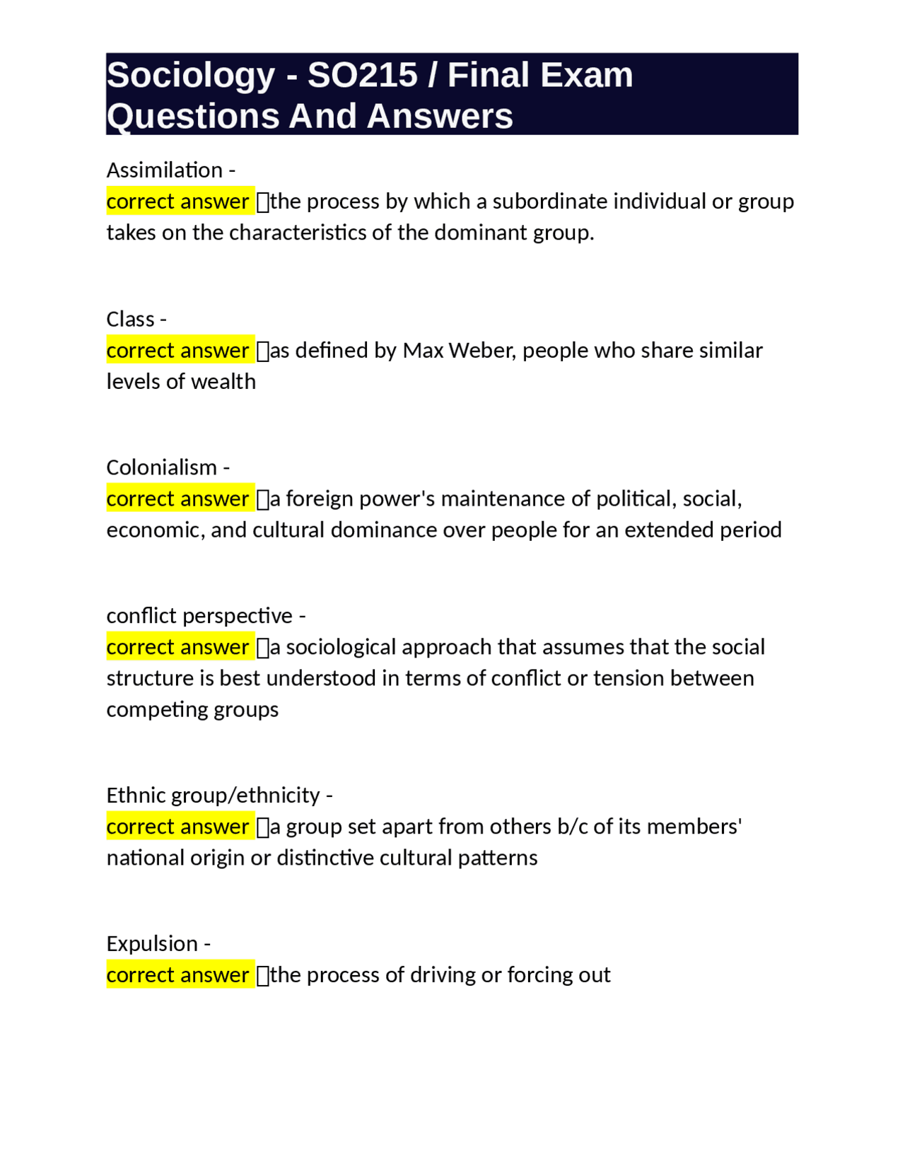 Sociology - SO215 / Final Exam Questions And Answers | Exams Sociology ...