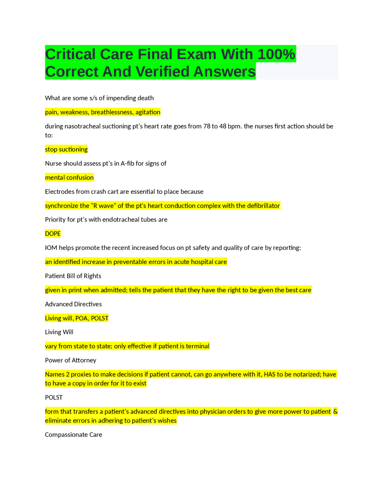 Critical Care Final Exam With 100% Correct And Verified Answers | Exams ...