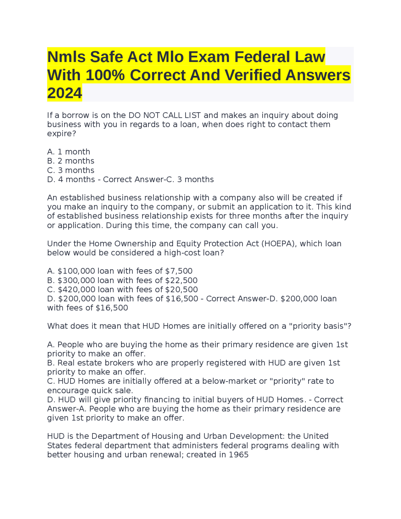 Nmls Safe Act Mlo Exam Federal Law With 100 Correct And Verified