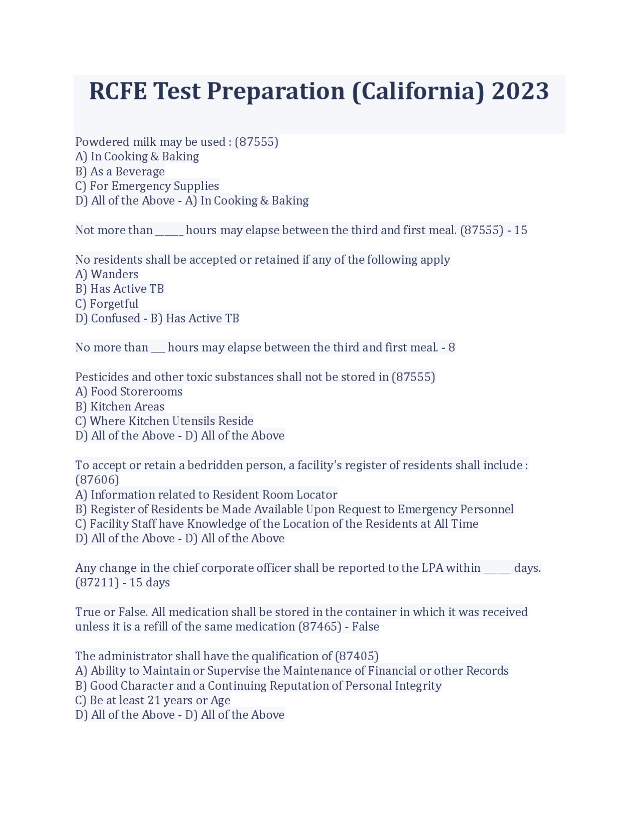 RCFE Test Preparation (California) 2024 | Exams Nursing | Docsity