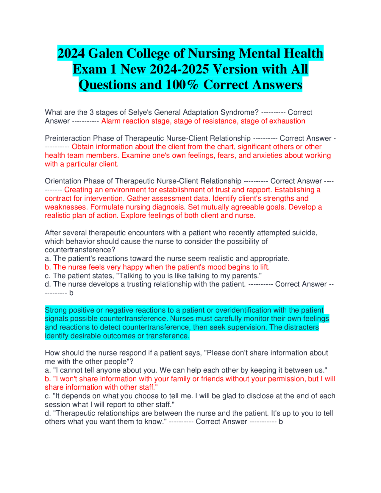 2024 Galen College of Nursing Mental Health Exam 1 New 2024-2025 ...
