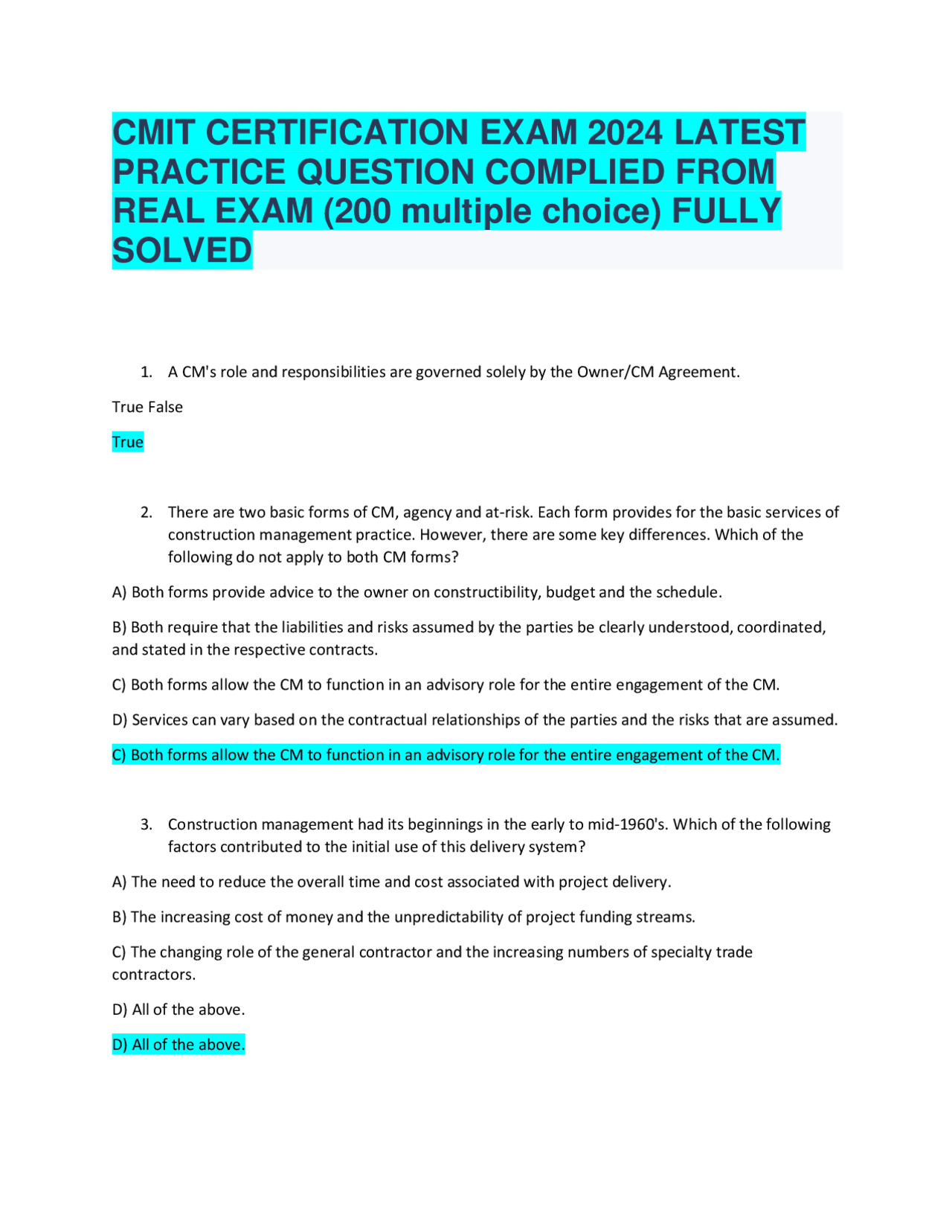 CMIT CERTIFICATION EXAM 2024 LATEST PRACTICE QUESTION COMPLIED FROM ...
