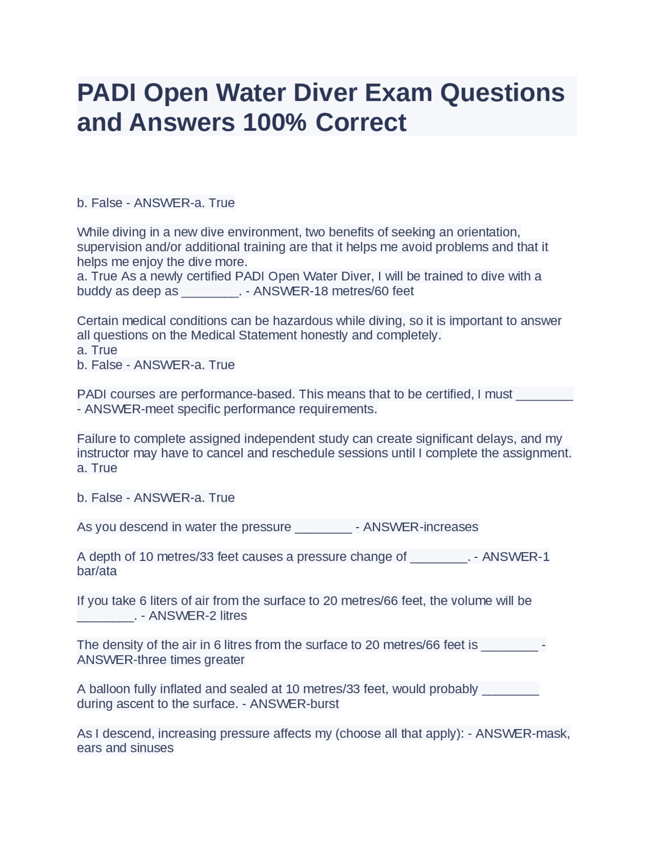 PADI Open Water Diver Exam Questions and Answers 100 Correct Exams