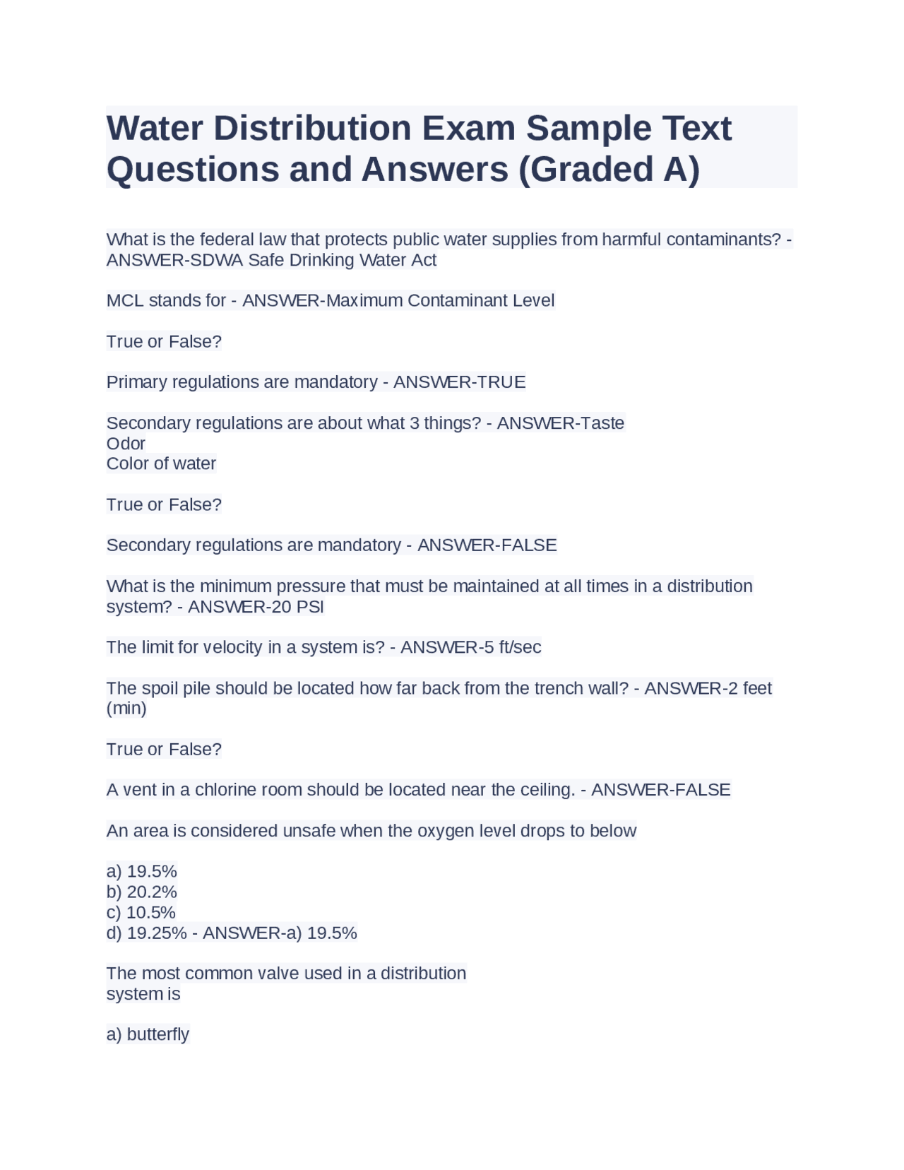 Water Distribution Exam Sample Text Questions and Answers (Graded A
