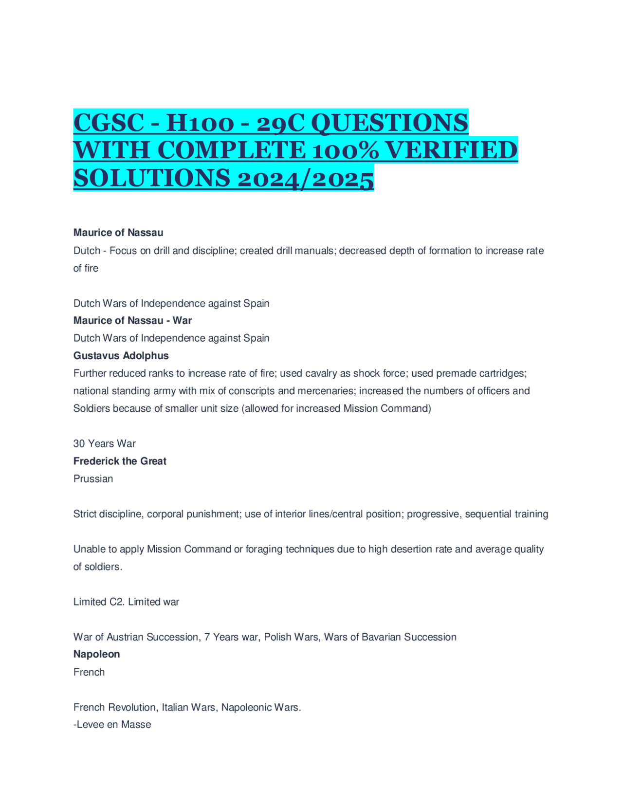CGSC H100 29C QUESTIONS WITH COMPLETE 100 VERIFIED SOLUTIONS 2024/2025 Study Guides