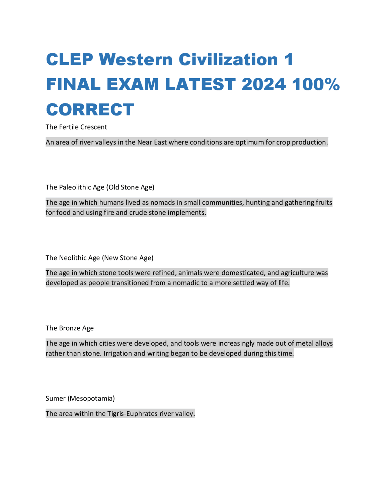 CLEP Western Civilization 1 FINAL EXAM LATEST 2024 100% CORRECT | Exams ...