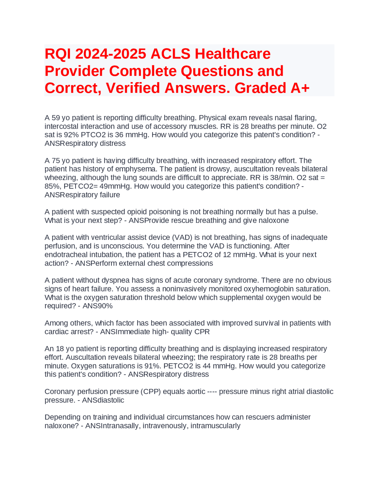 Cpr Rqi Questions RQI 2024-2025 ACLS Healthcare Provider Complete Questions and Correct ...