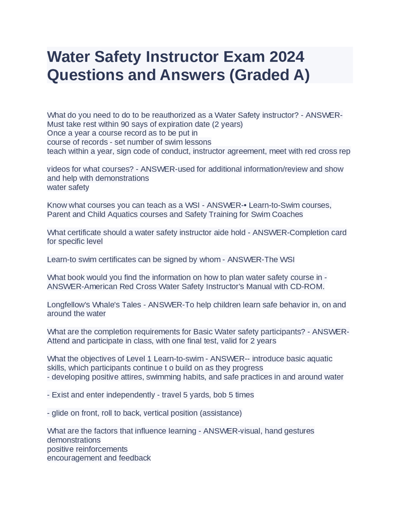 Water Safety Instructor Exam 2024 Questions and Answers (Graded A