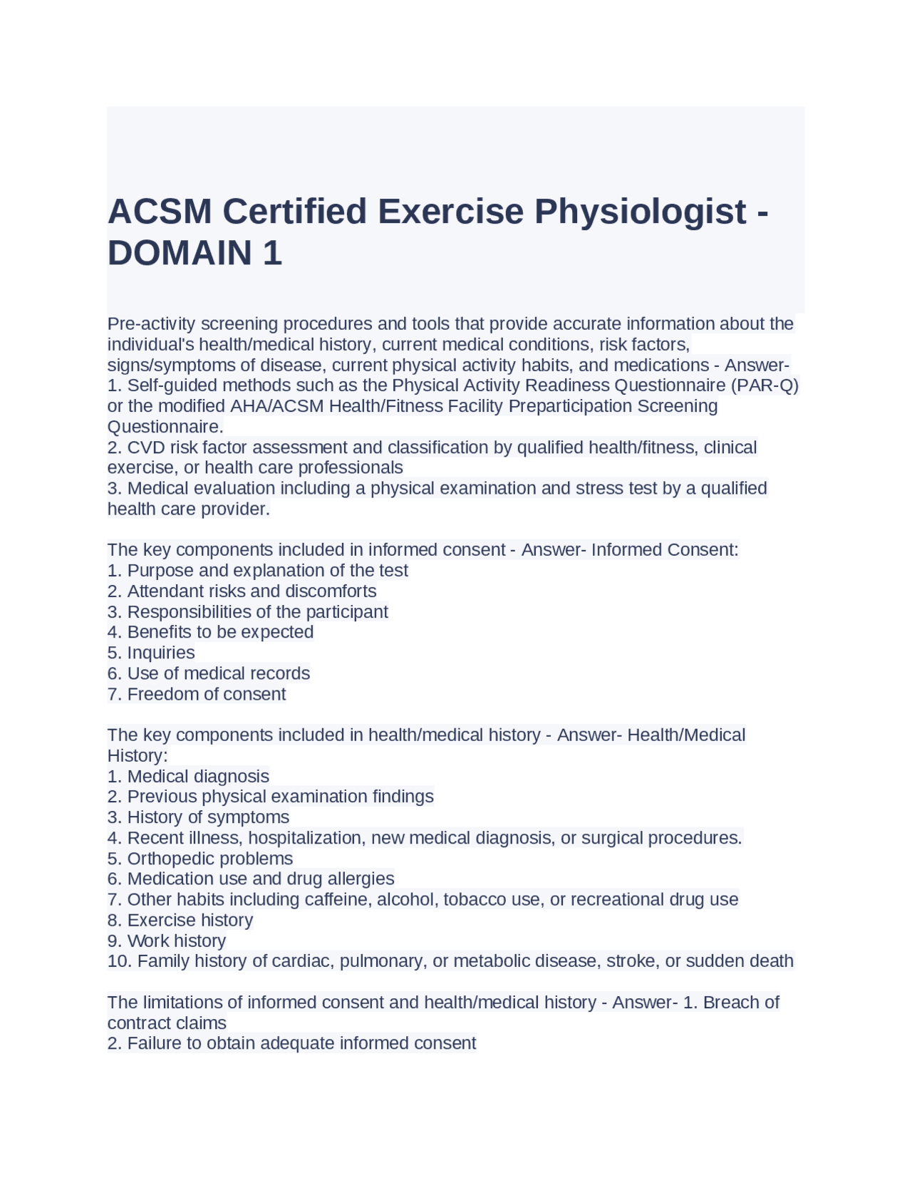 ACSM Certified Exercise Physiologist DOMAIN 1 Exam 2024 Exams