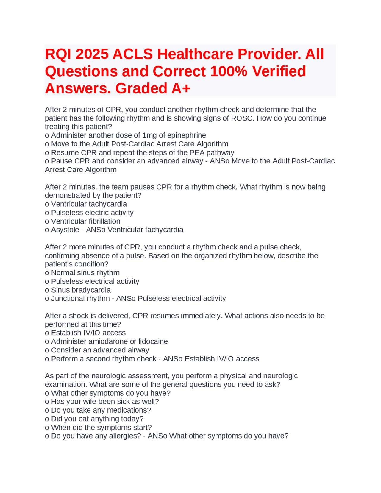 RQI 2025 ACLS Healthcare Provider. All Questions & Correct 100% ...