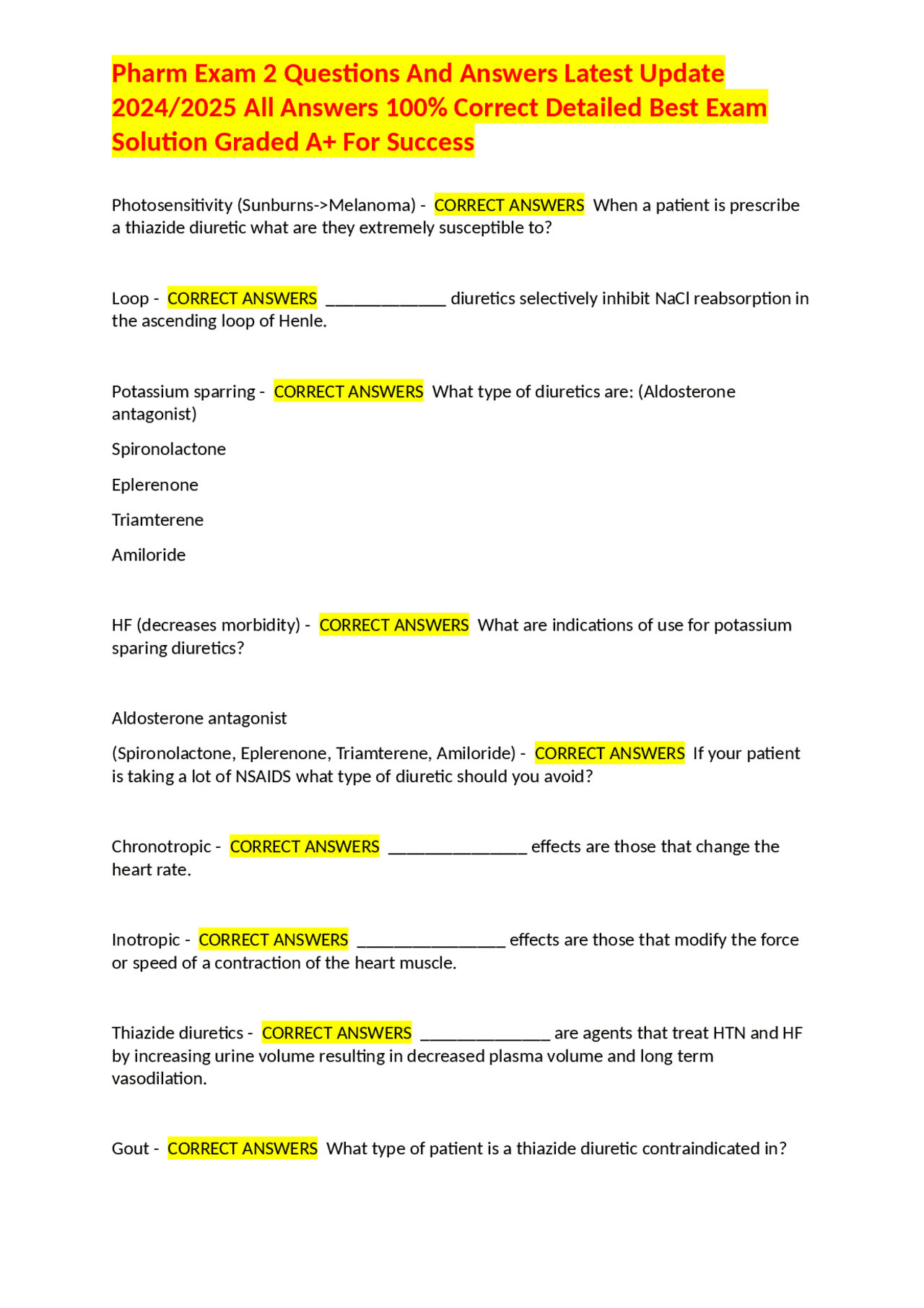 Pharm Exam 2 Questions And Answers Latest Update 2024/2025 All Answers ...