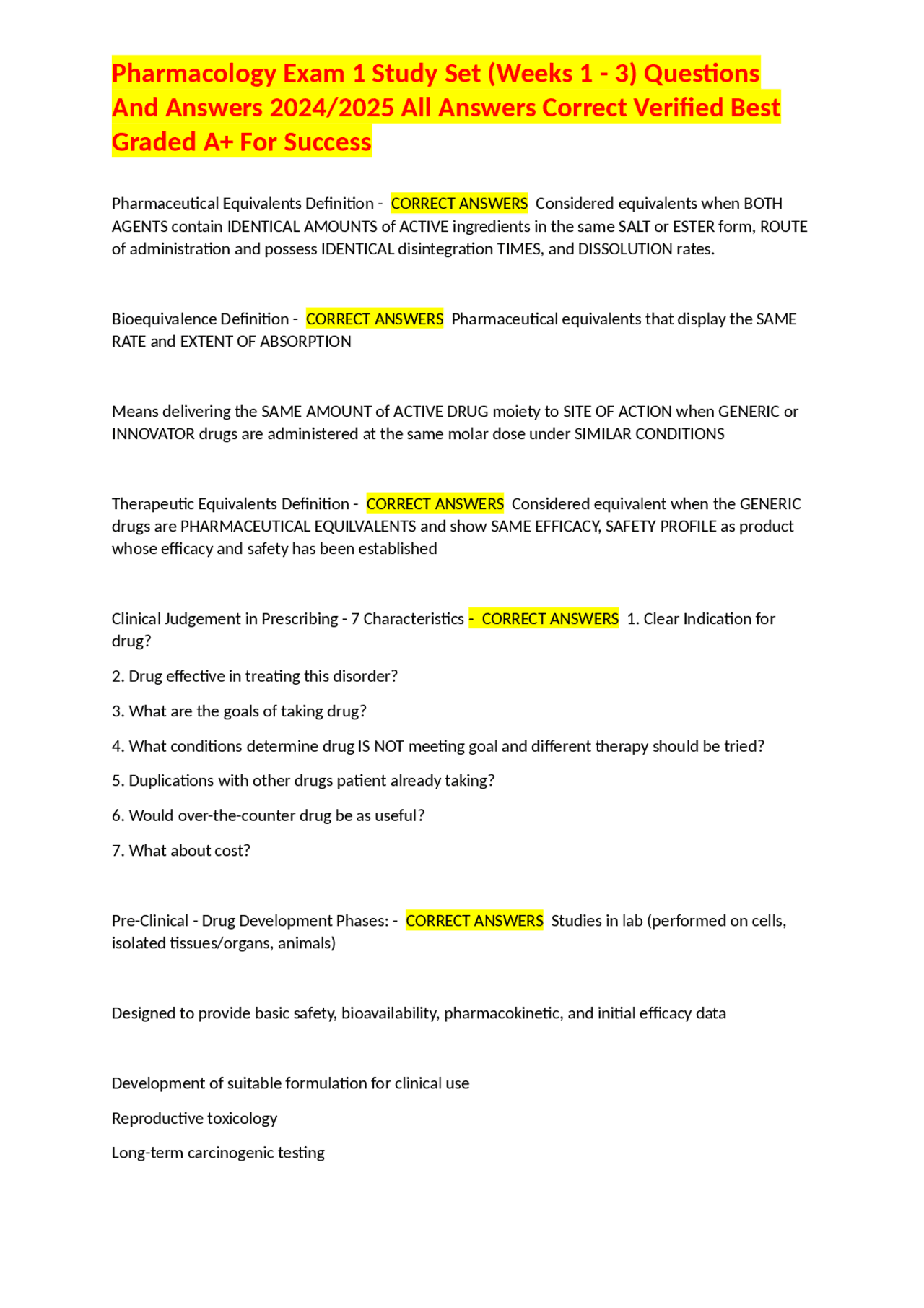 Pharmacology Exam 1 Study Set (Weeks 1 - 3) Questions And Answers 2024/ ...