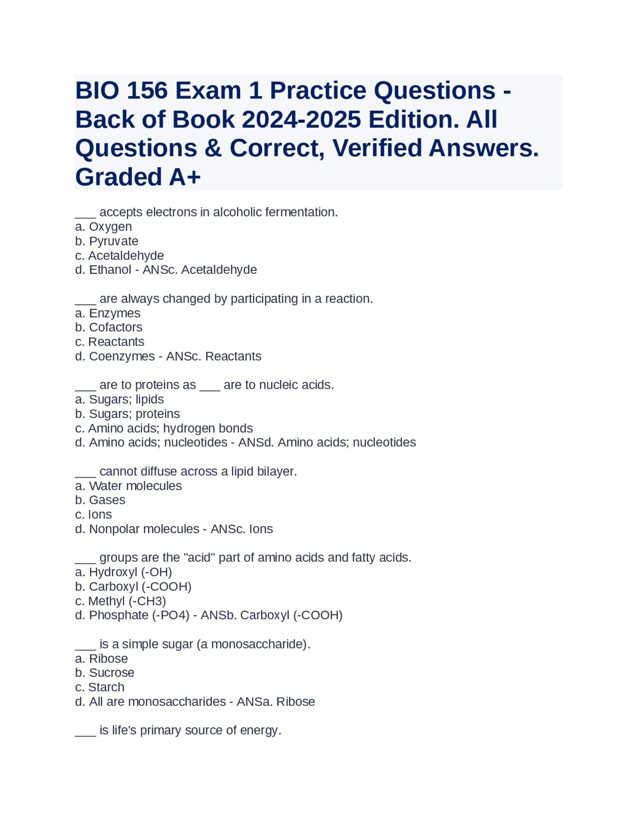 BIO 156 Exam 1 Practice Questions Back of Book 2024 2025 Edition