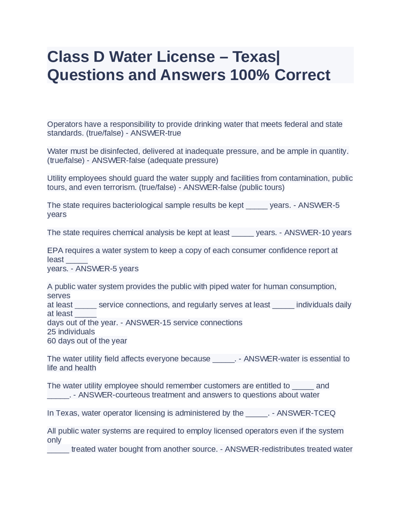 Class D Water License Texas Questions and Answers 100 Correct
