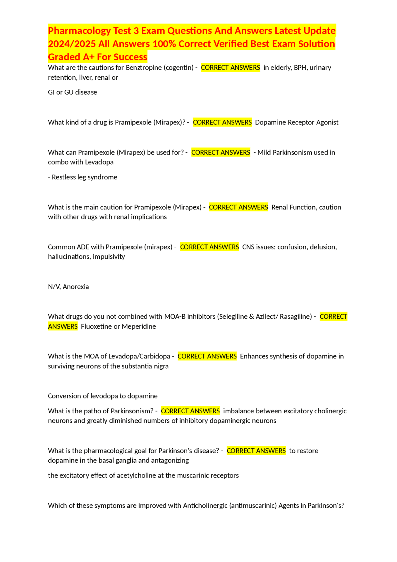 Pharmacology Test 3 Exam Questions And Answers Latest Update 2024/2025 ...