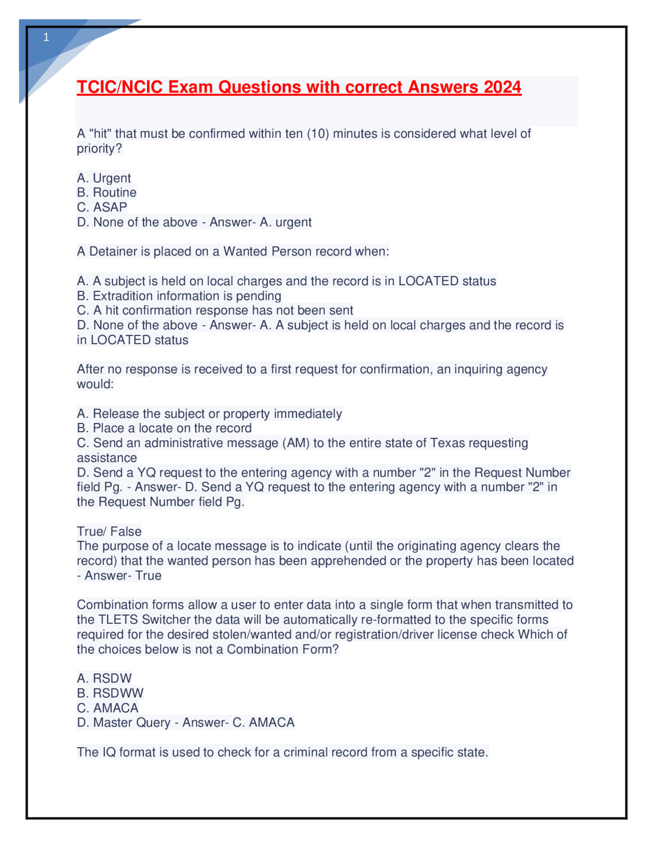TCIC/NCIC Exam Questions with correct Answers 2024 | Exams Nursing | Docsity
