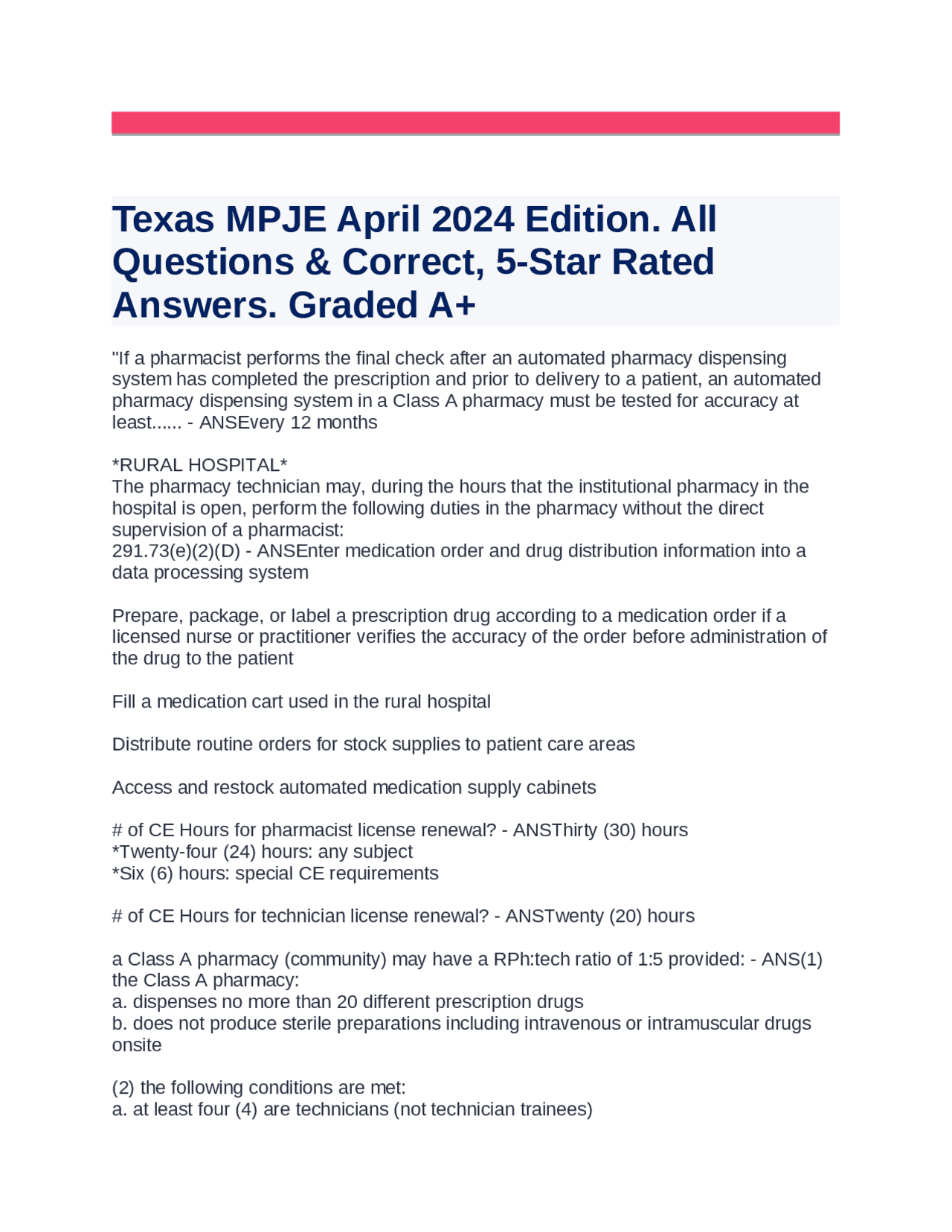 Texas MPJE April 2024 Edition. All Questions & Correct, 5Star