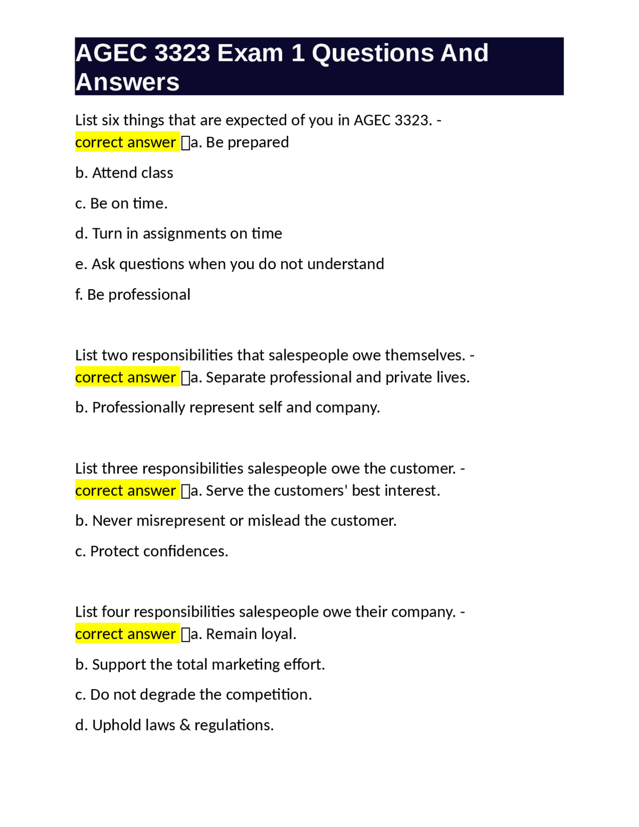AGEC 3323 Exam 1 Questions And Answers | Exams Sales Management | Docsity