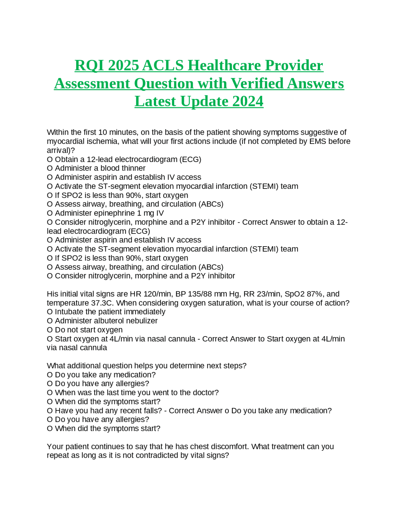 RQI 2025 ACLS Healthcare Provider Assessment Question with Verified ...