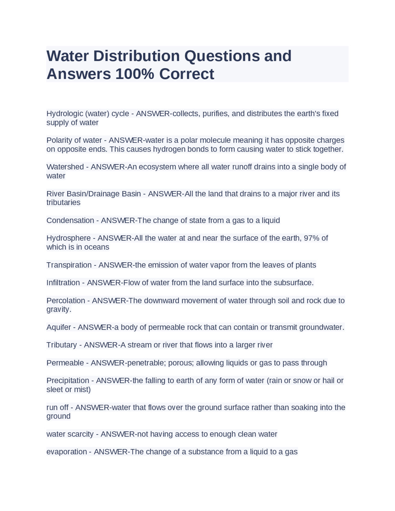 Water Distribution Questions and Answers 100 Correct Exams Water