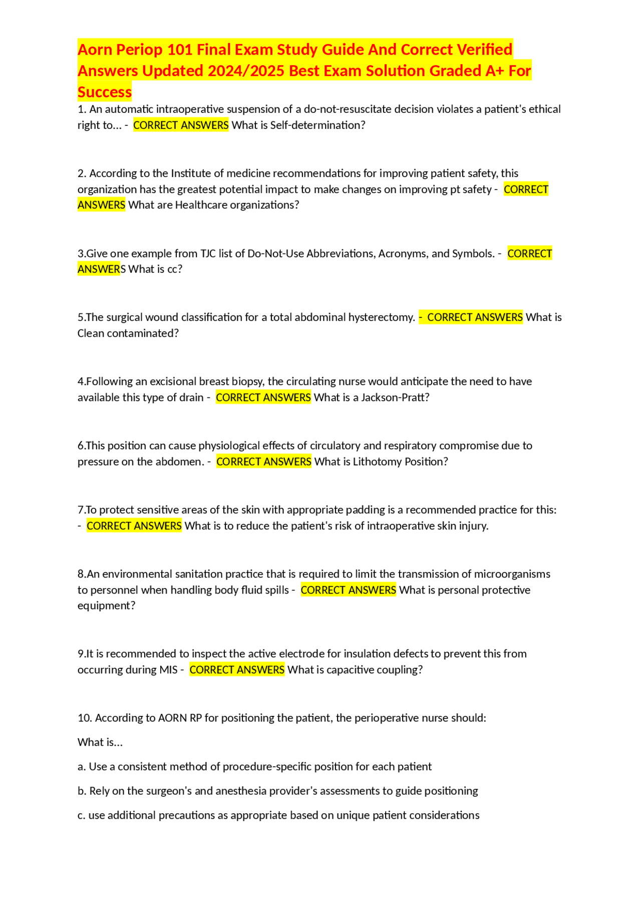 Aorn Periop 101 Final Exam Study Guide And Correct Verified Answers ...