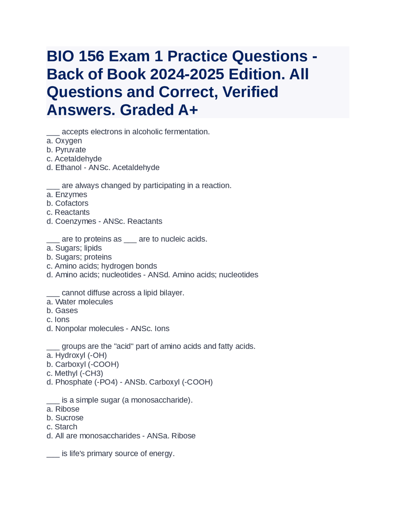 BIO 156 Exam 1 Practice Questions Back of Book 2024 2025 Edition