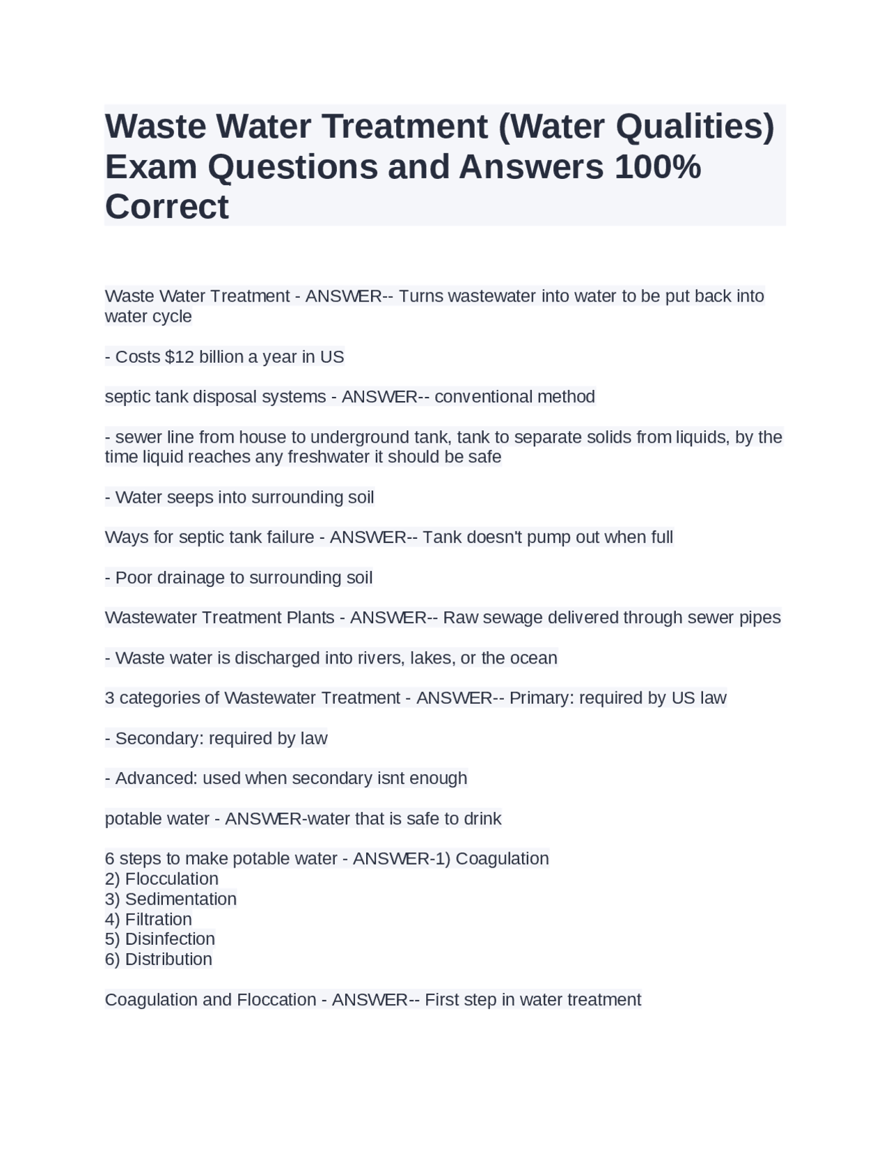 Waste Water Treatment (Water Qualities) Exam Questions and Answers 100