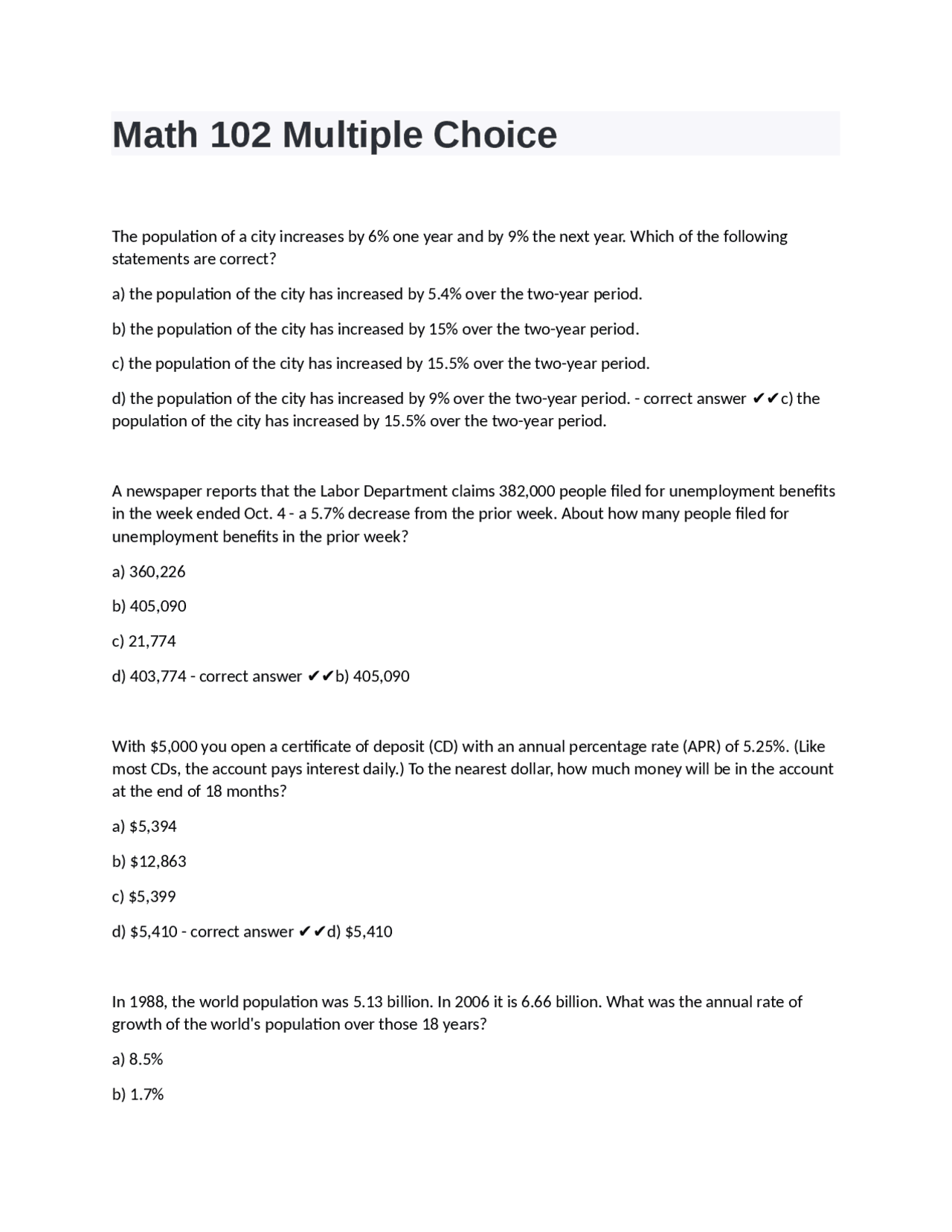 Math 102 Multiple Choice verified/passed | Exams Nursing | Docsity