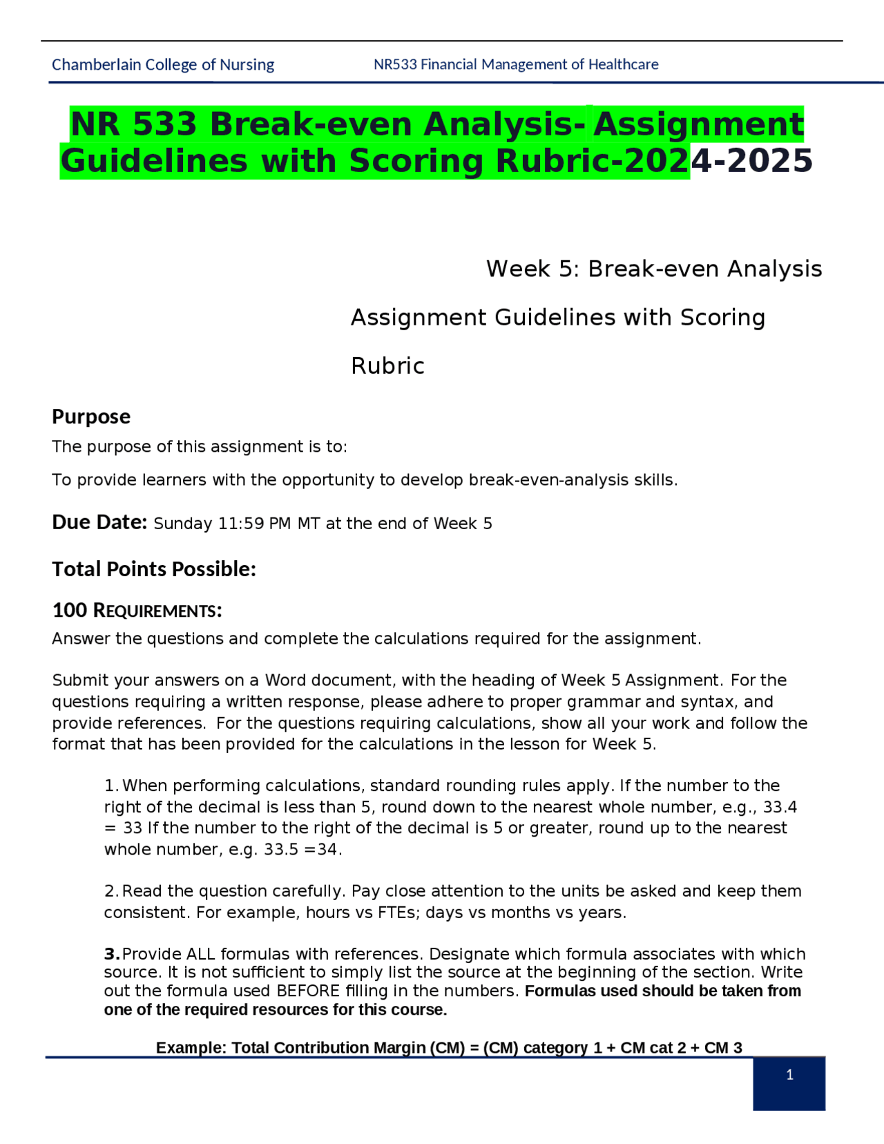 NR 533 Break-even Analysis- Assignment Guidelines with Scoring Rubric ...