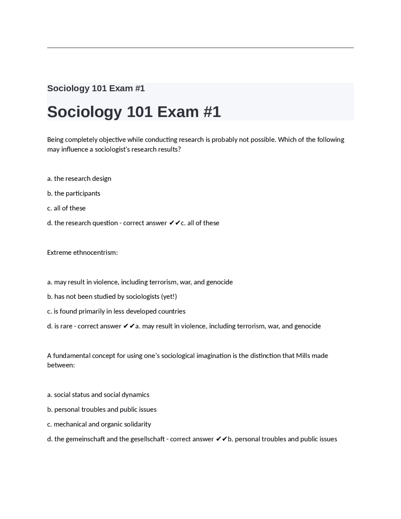 Sociology 101 Exam #1 well answered with latest update | Exams Nursing ...
