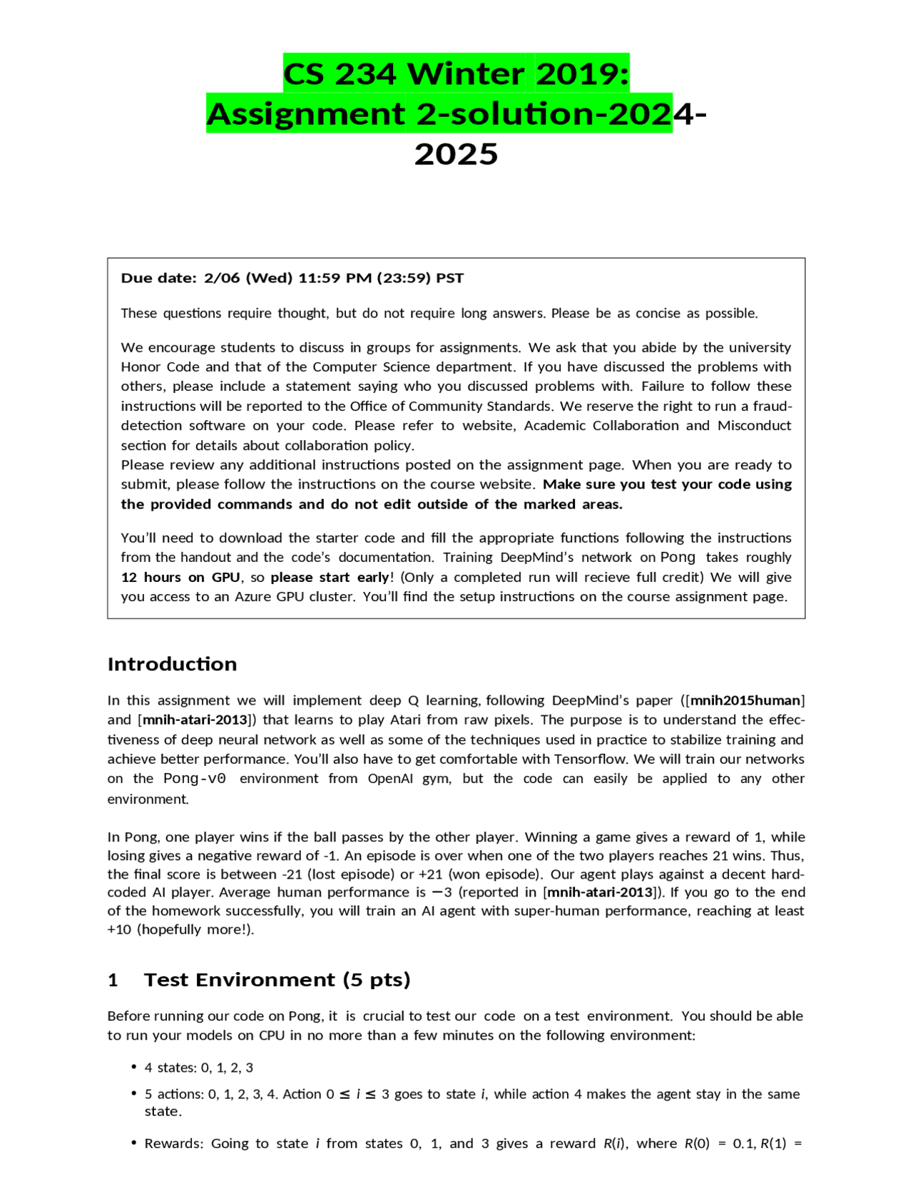 CS 234 Winter 2019- Assignment 2-solution-2024-2025 .docx | Exams ...