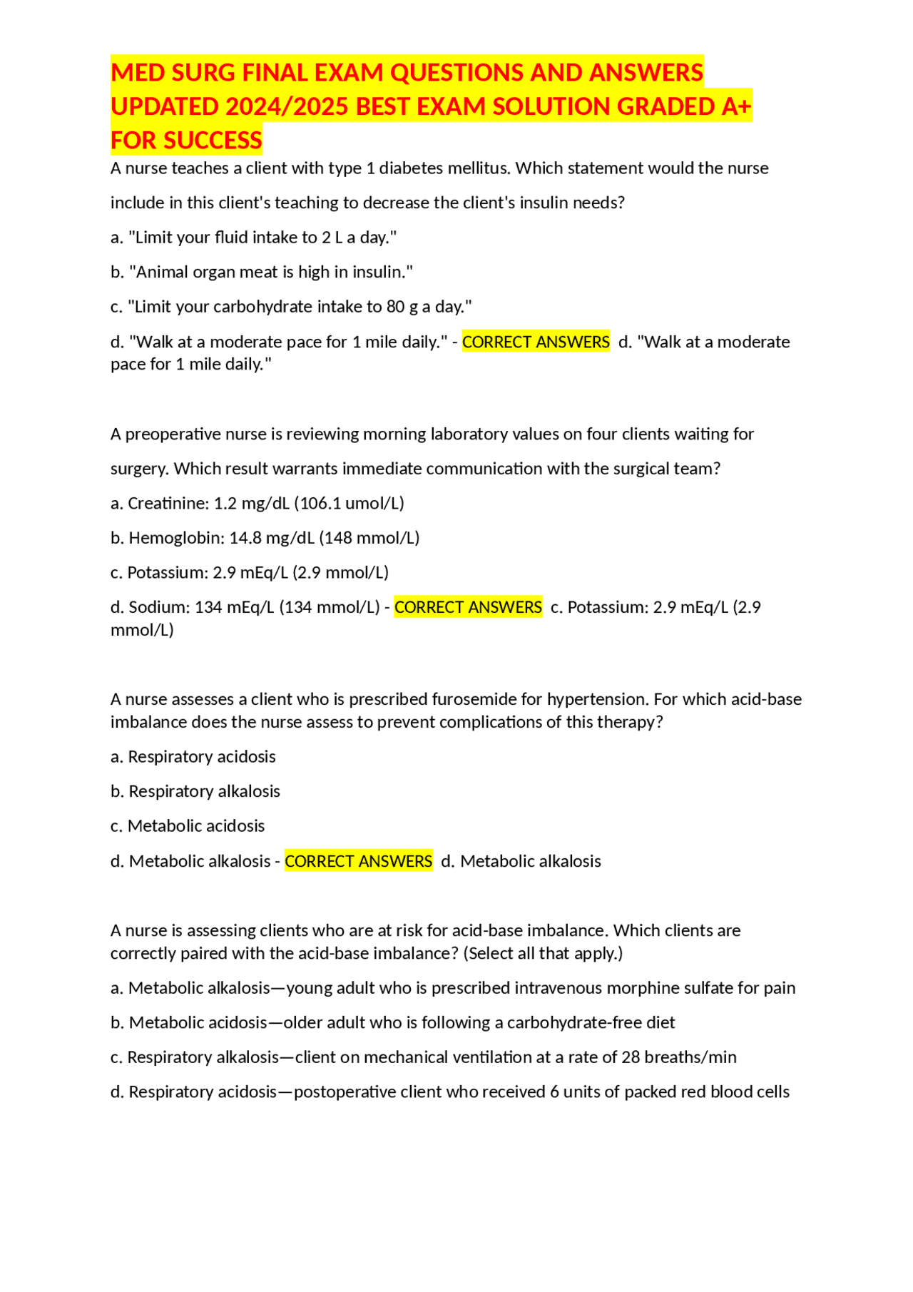 MED SURG FINAL EXAM QUESTIONS AND ANSWERS UPDATED 2024/2025 BEST EXAM ...