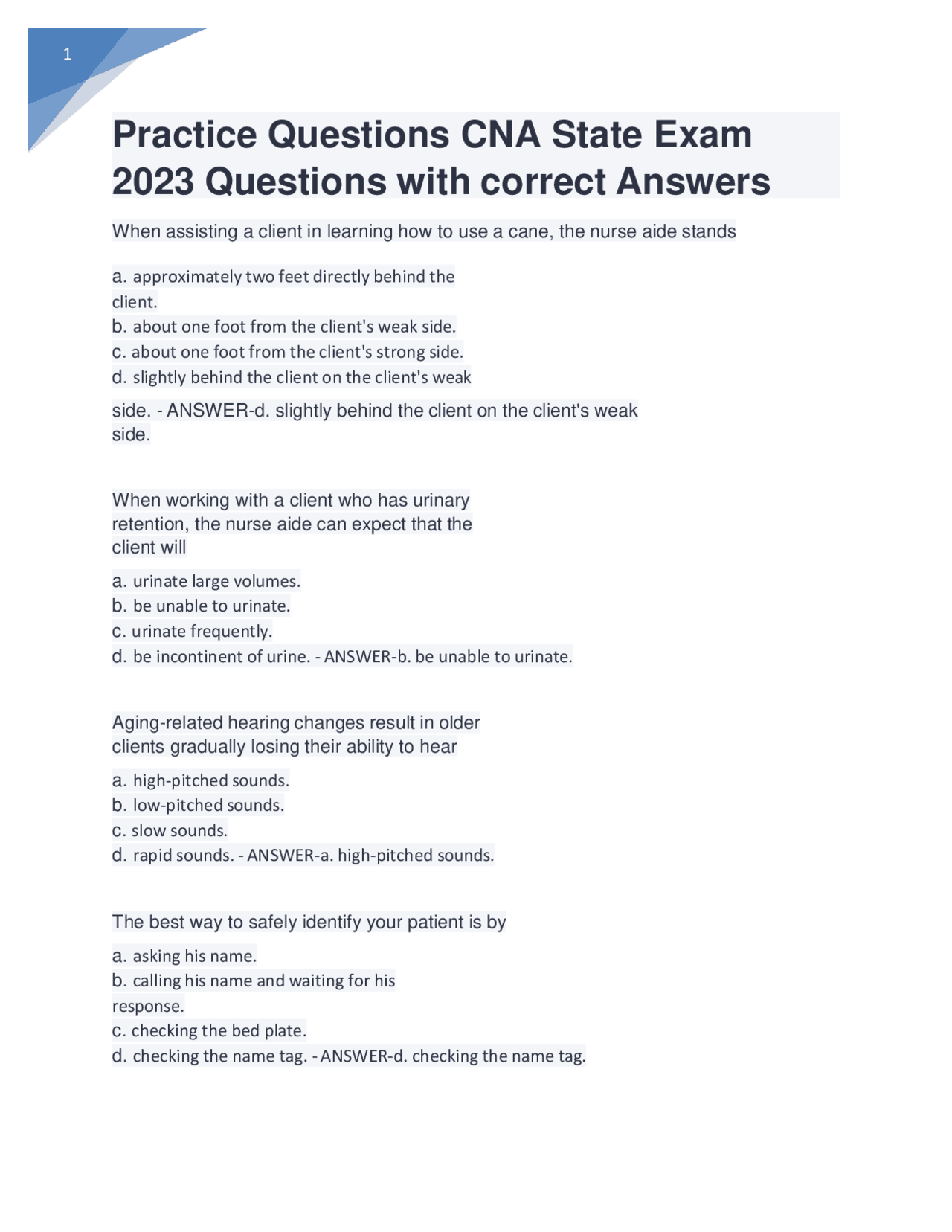 Practice Questions Cna State Exam 2023 Questions With Correct Answers Verified Exams Nursing Practice Questions Cna State Exam 2023 Questions With Correct Answers Verified Exams Nursing