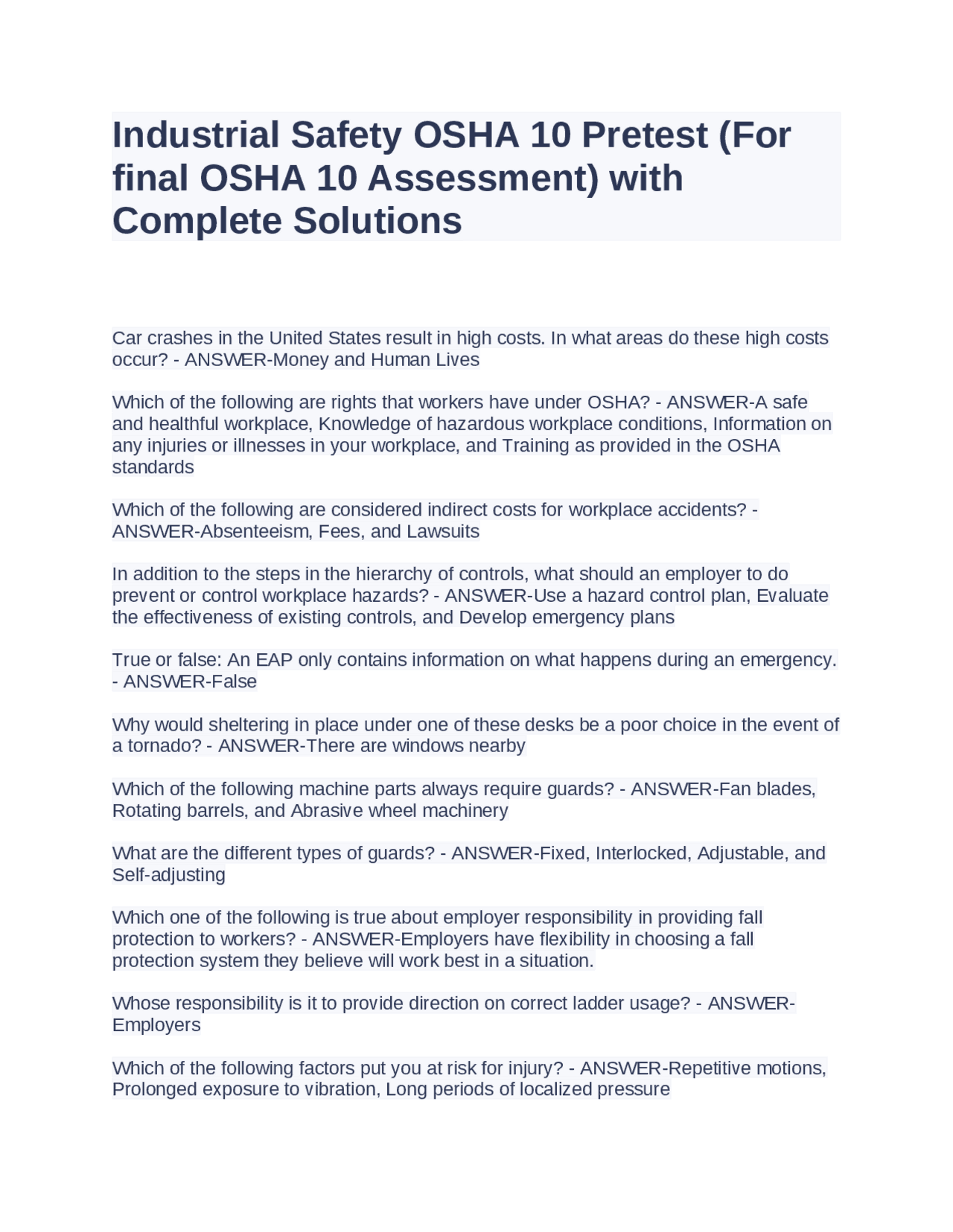 Industrial Safety OSHA 10 Pretest (For final OSHA 10 Assessment) with