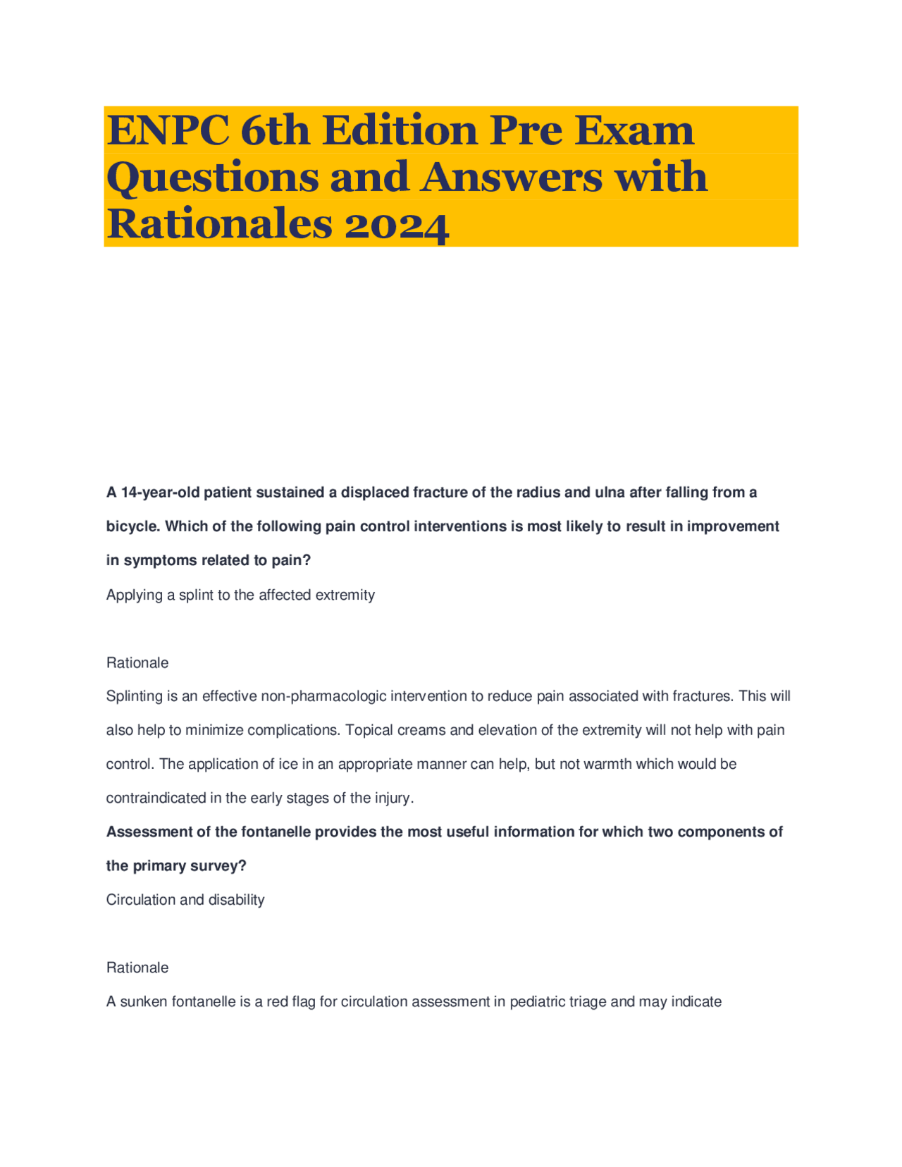 ENPC 6th Edition Pre Exam Questions and Answers with Rationales 2024 ...