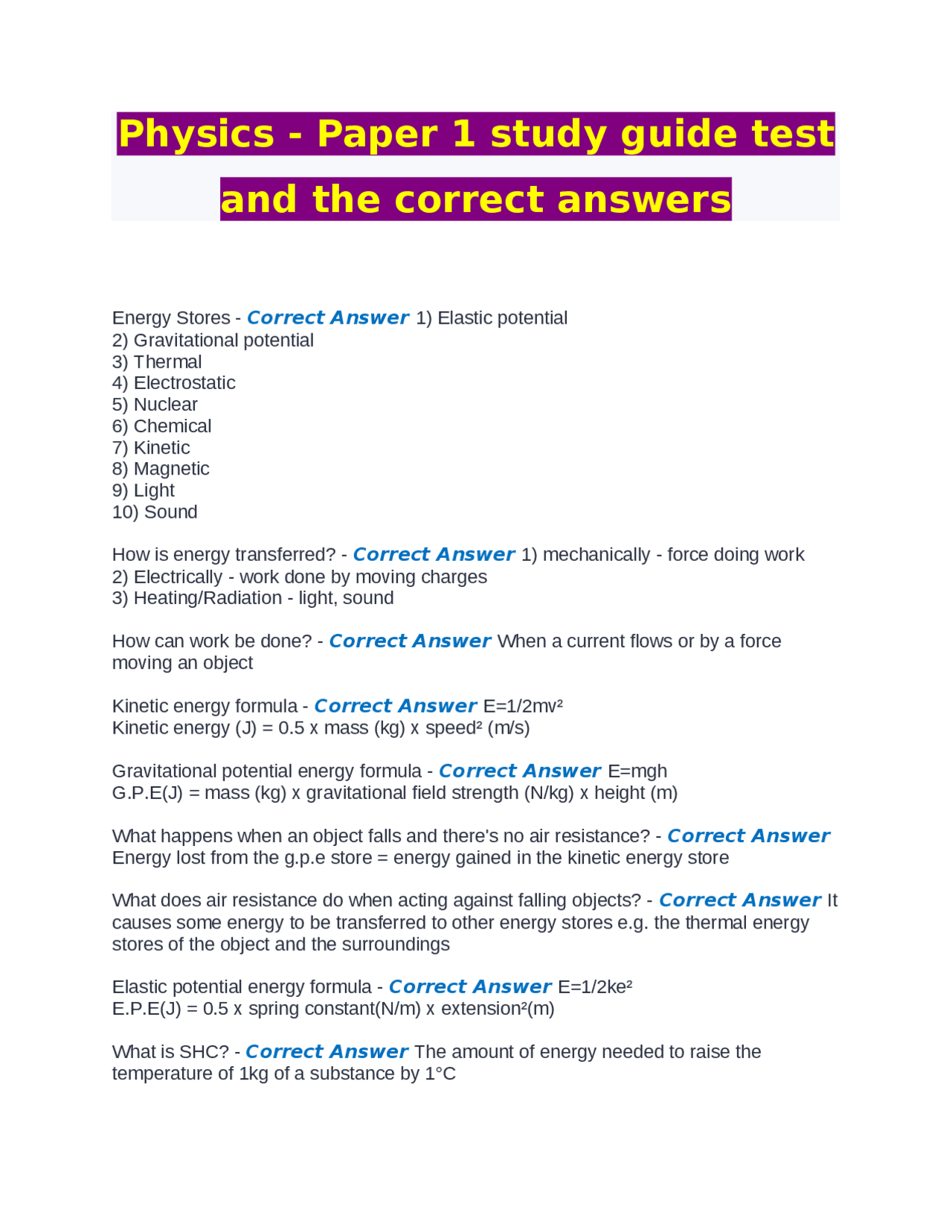 Physics - Paper 1 study guide test and the correct answers | Exams ...