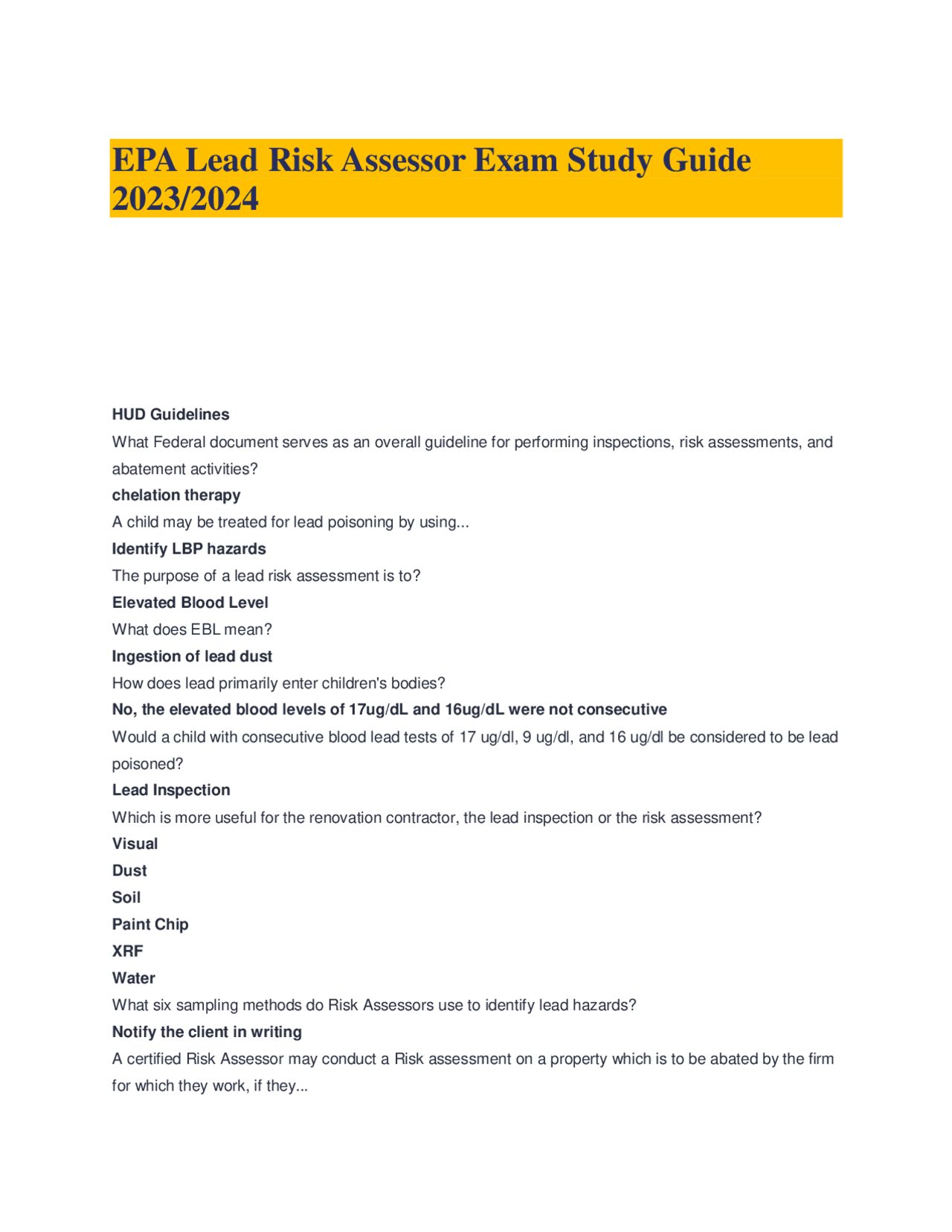 EPA Lead Risk Assessor Exam Study Guide 2023/2024 | Exams Health ...