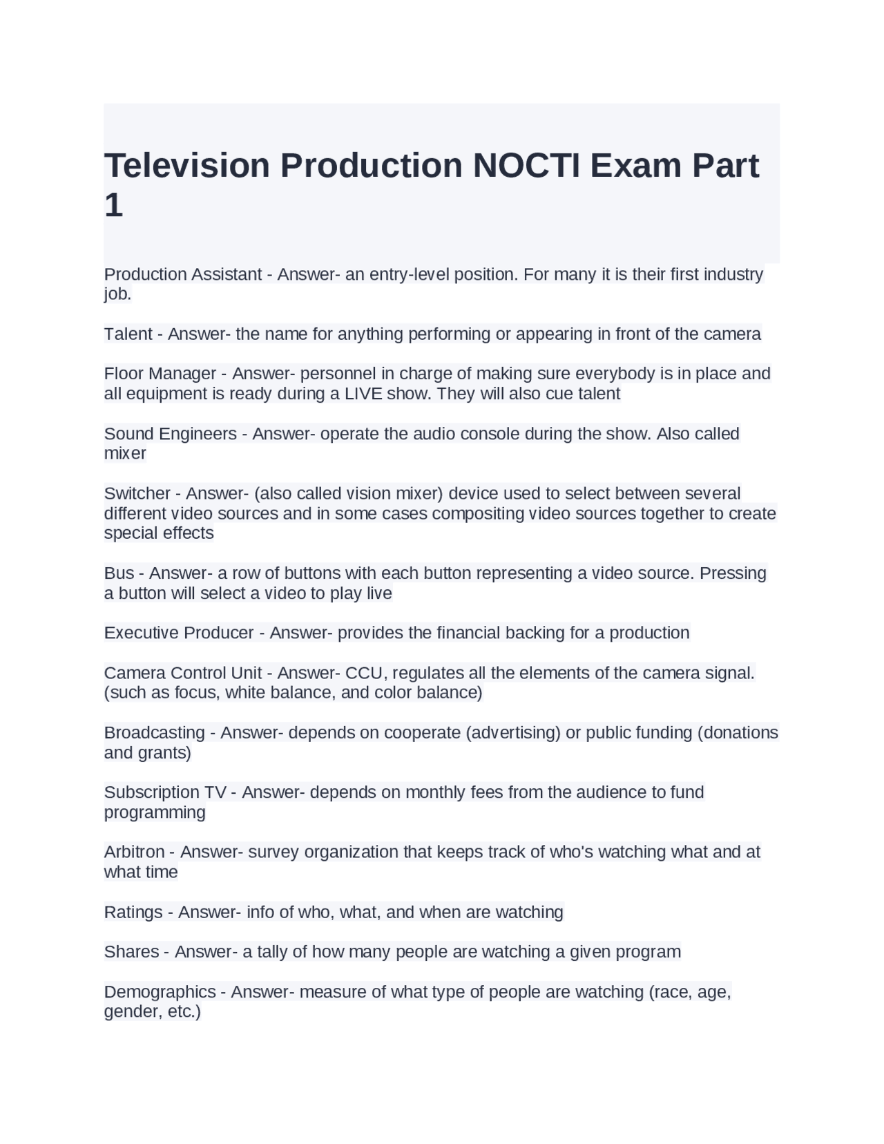 Television Production NOCTI Exam Part 1 Questions and Answers | Exams ...