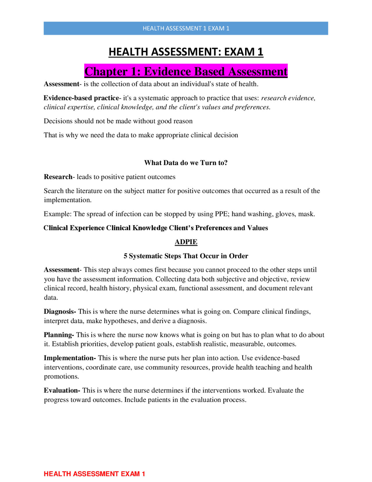 HEALTH ASSESSMENT EXAM 1 | Exams Nursing | Docsity