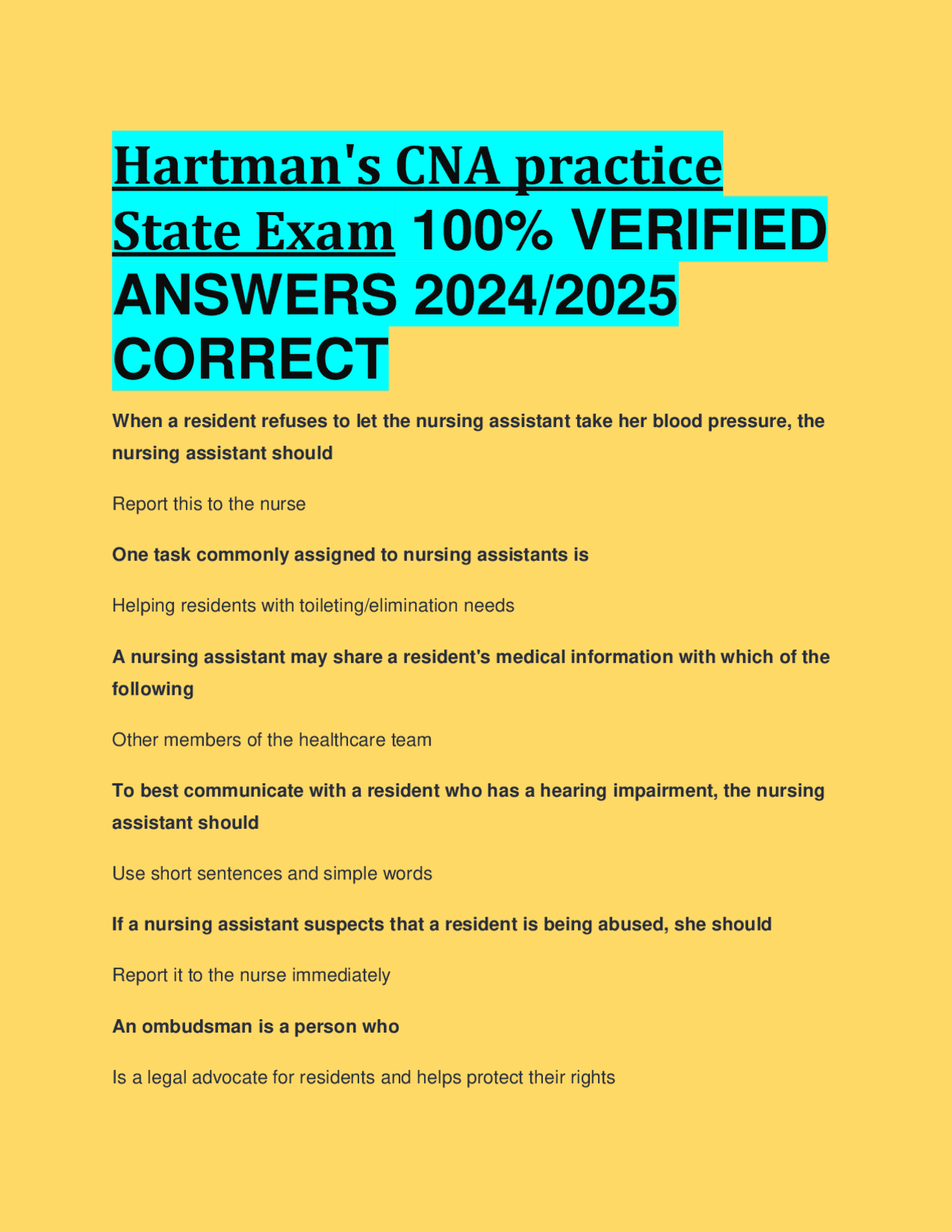 Hartman S Cna Practice State Exam 100 Verified Answers 2024 2025 Correct Exams Nursing Docsity Hartman S Cna Practice State Exam 100 Verified Answers 2024 2025 Correct Exams Nursing Docsity