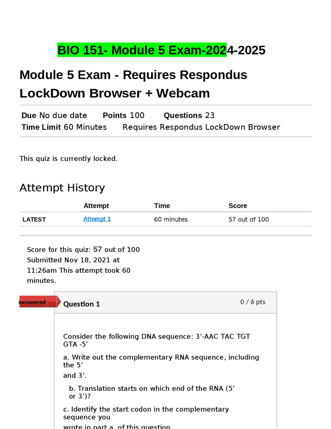 BIO 151- Module 5 Exam-2024-2025.docx | Exams Biology | Docsity