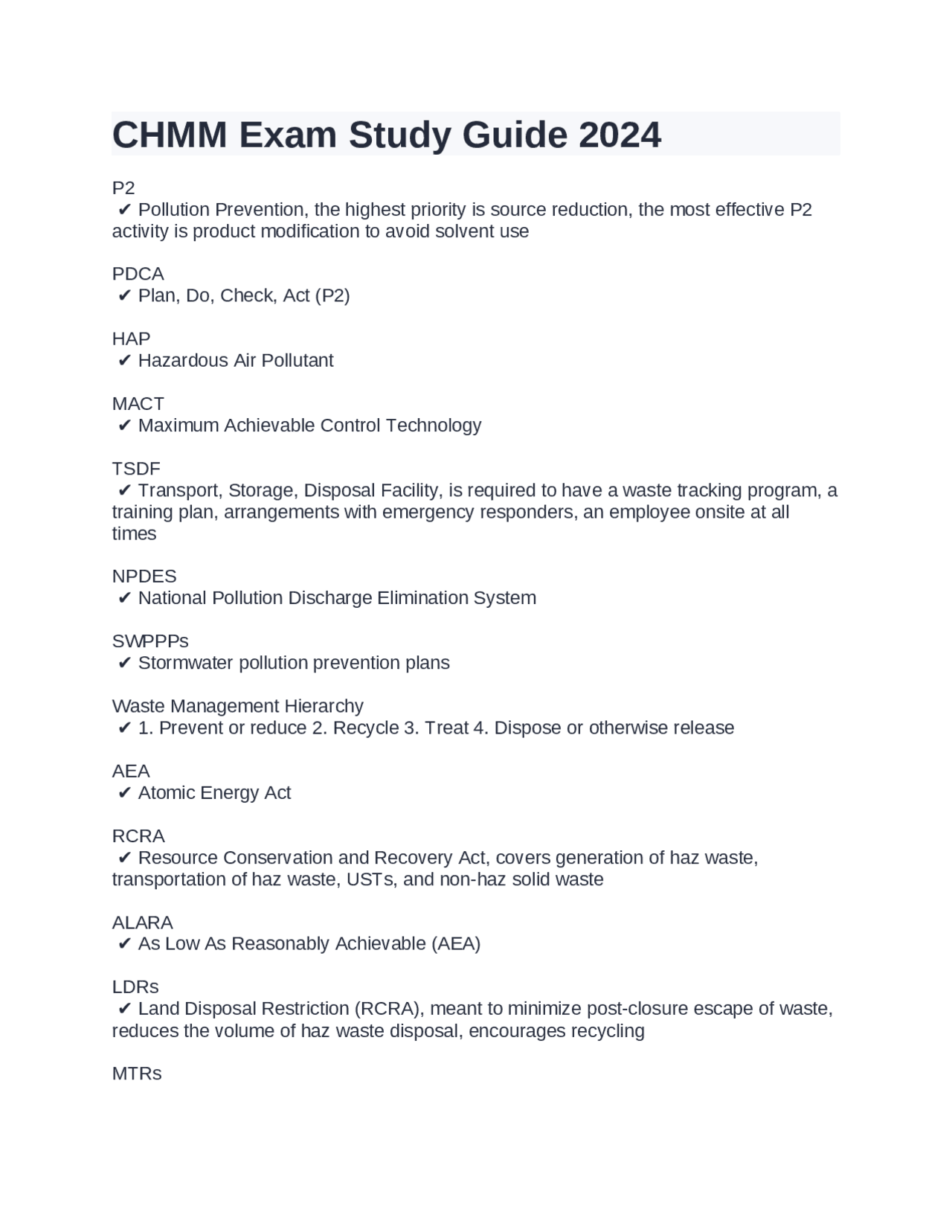 CHMM Exam Study Guide 2024 | Exams Humanities | Docsity
