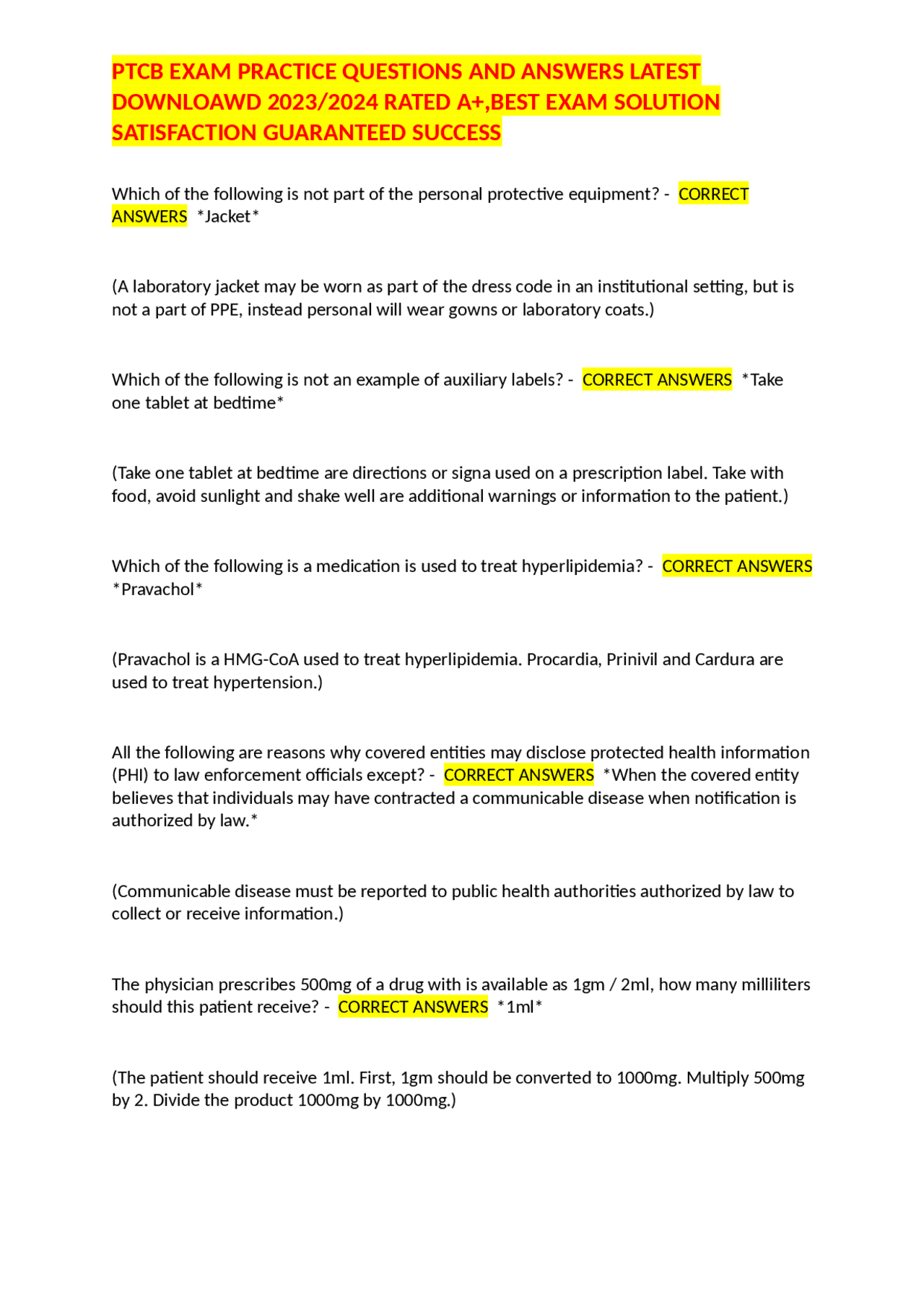 PTCB EXAM PRACTICE QUESTIONS AND ANSWERS LATEST DOWNLOAWD 2023/2024