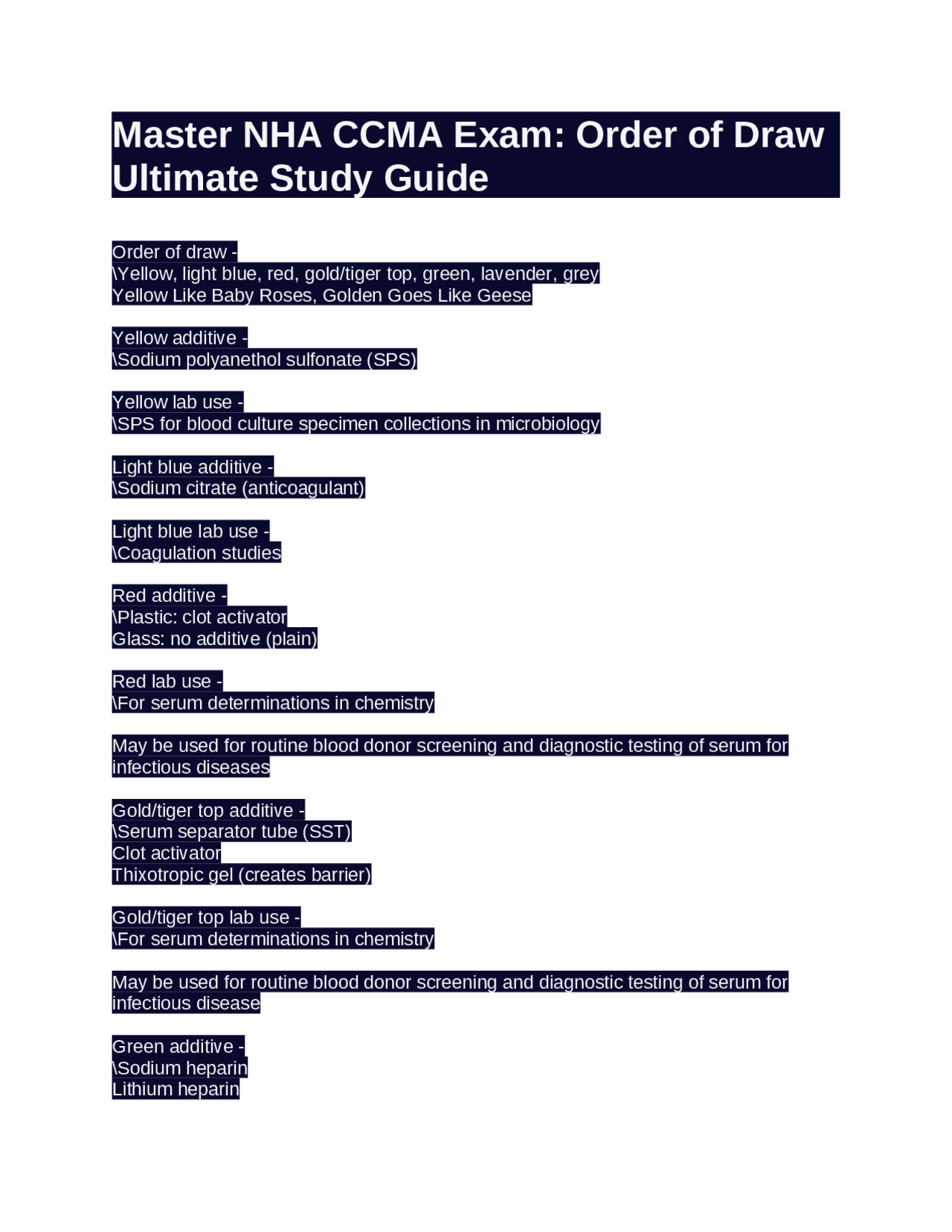 Master NHA CCMA Exam: Order of Draw Ultimate Study Guide Exams
