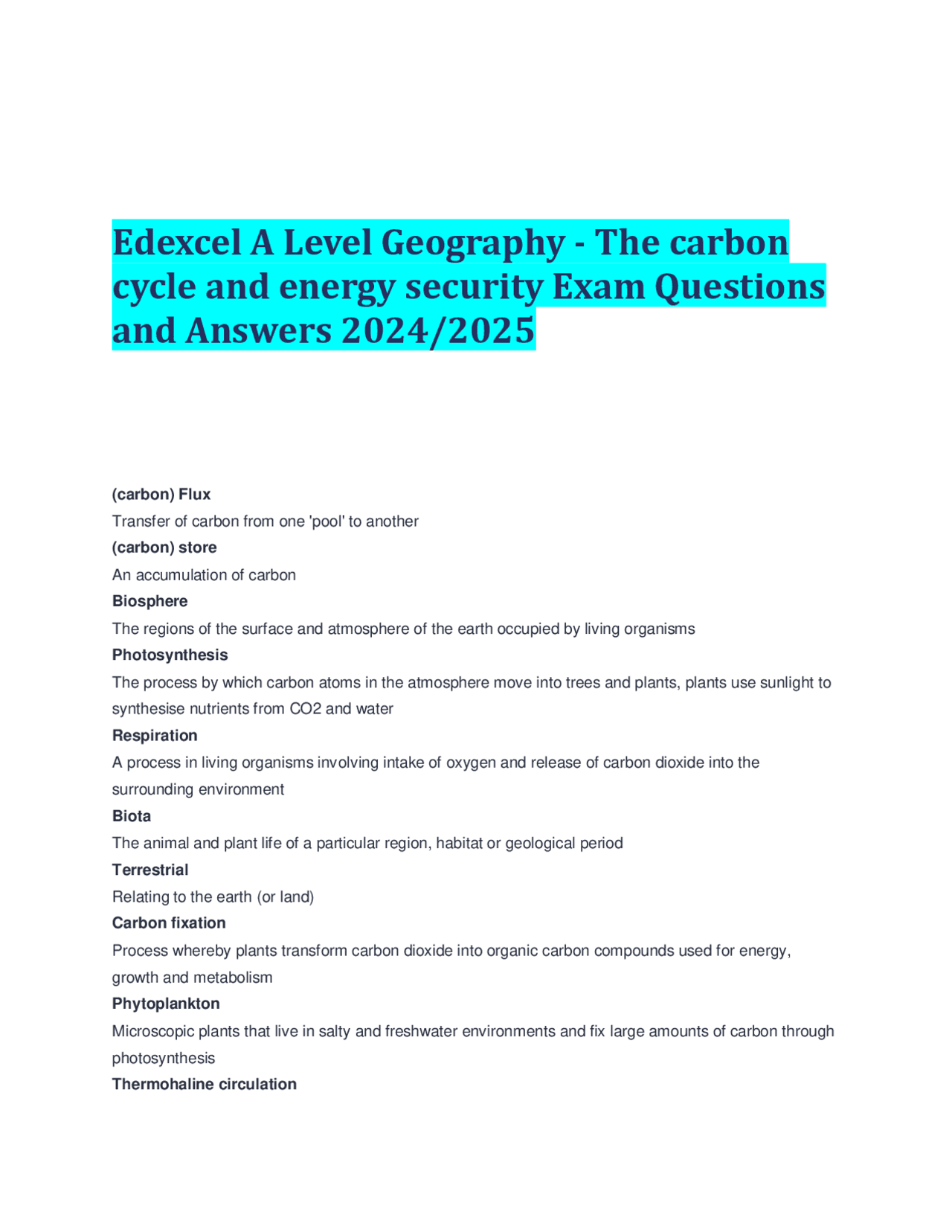 Edexcel A Level Geography - The carbon cycle and energy security Exam ...