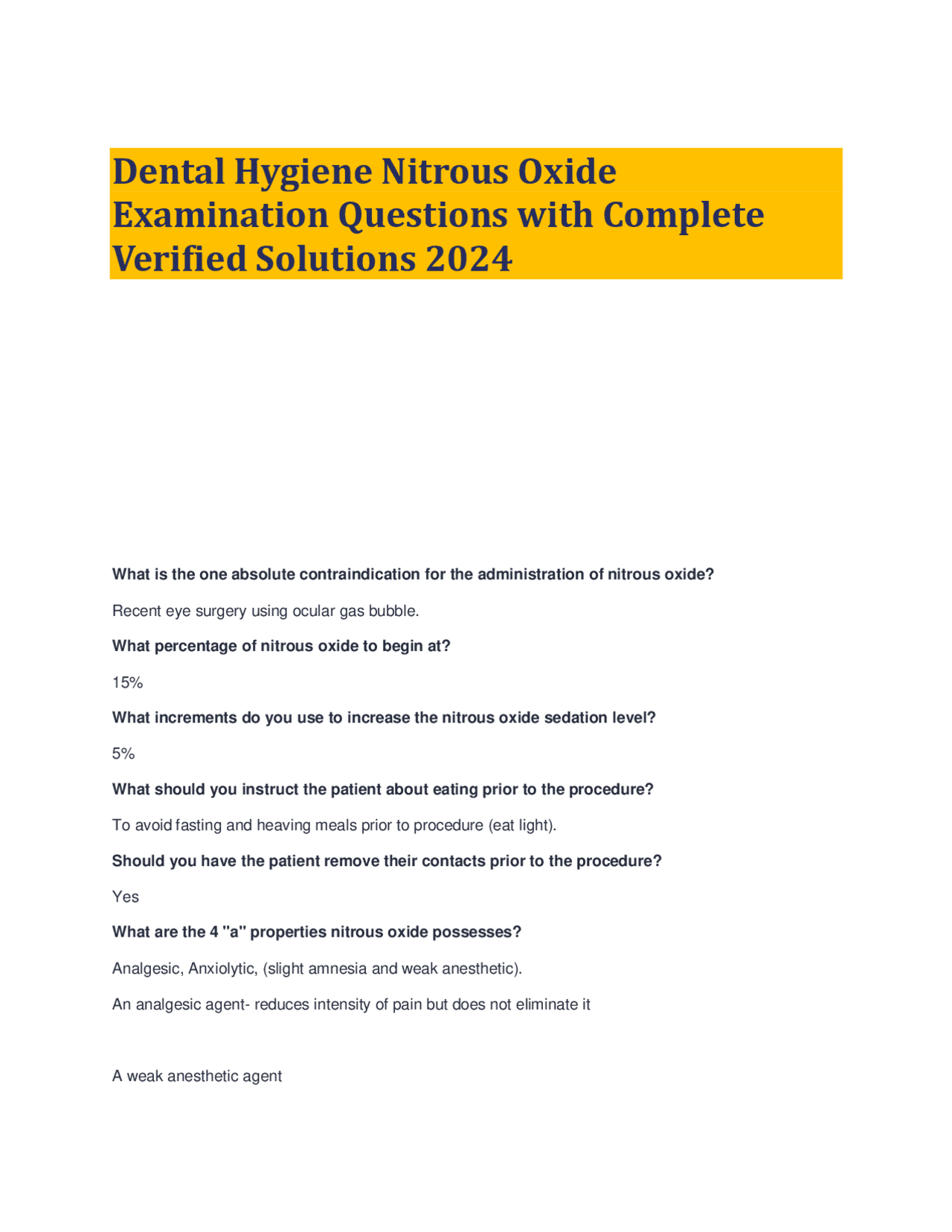 Dental Hygiene Nitrous Oxide Examination Questions with Complete
